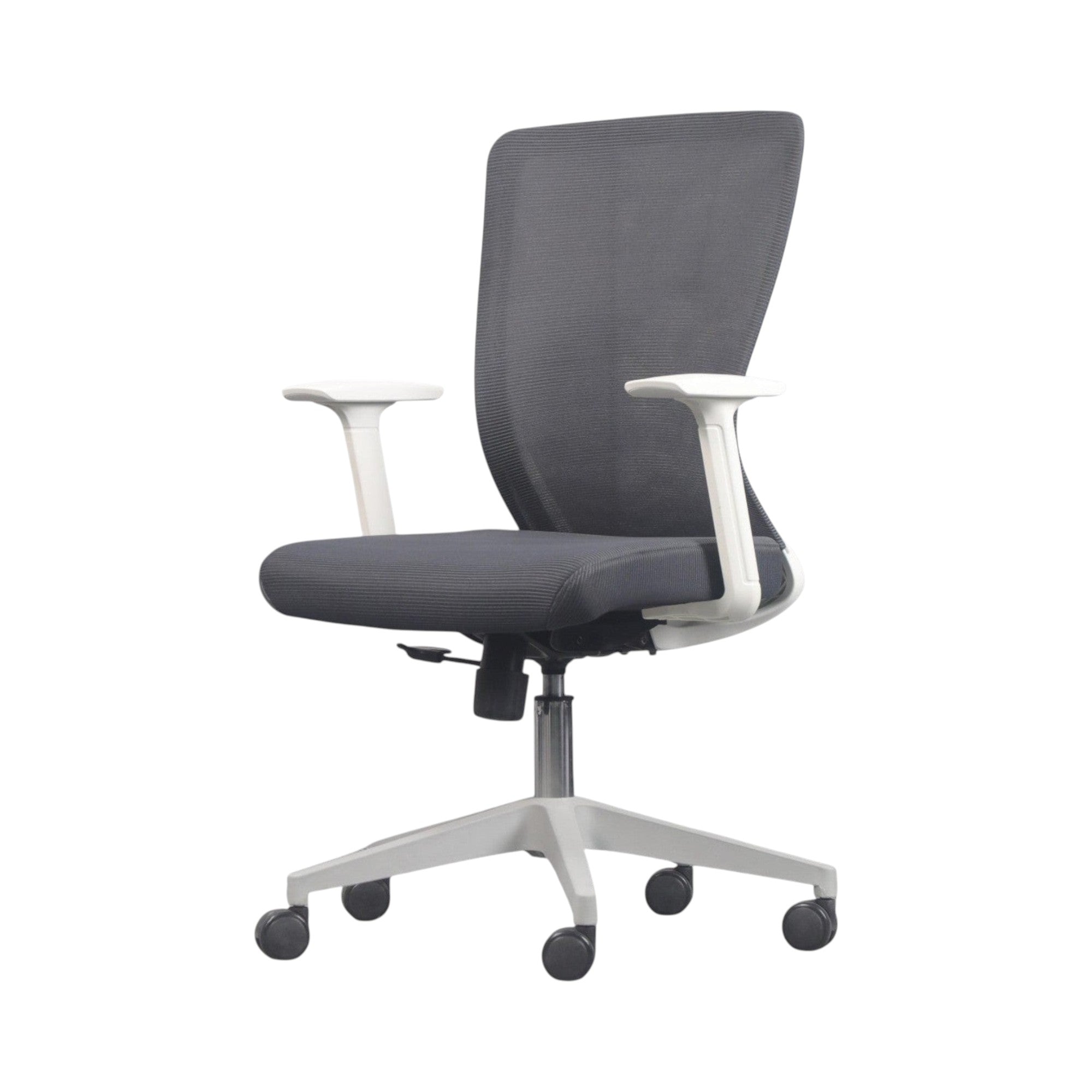 Xiaoyaozuo office chair: ergonomic mesh back, padded seat, white armrests, and white base with casters. Modern black and white design.