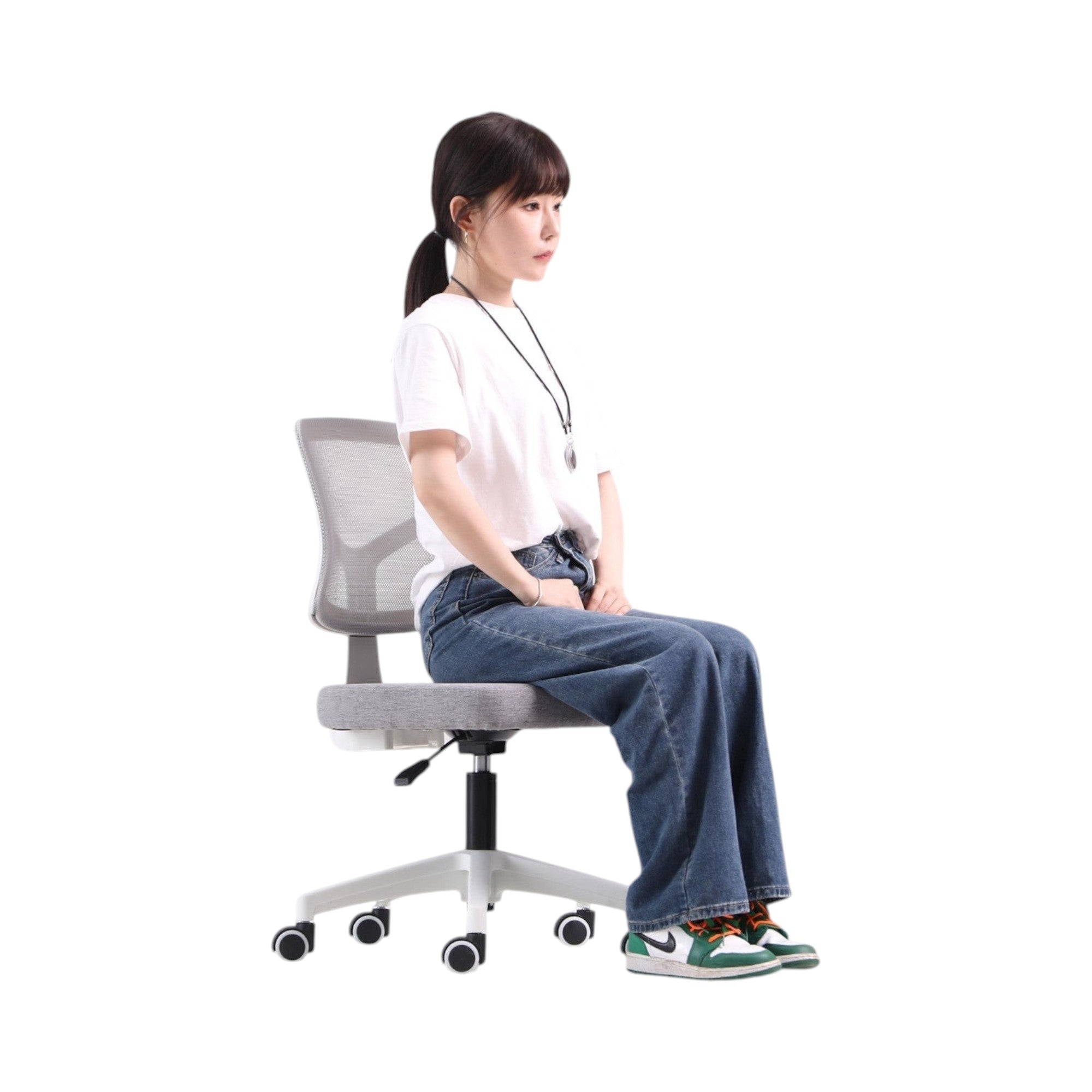 Xiaoyaozuo office chair in grey and white, featuring a breathable mesh back, padded fabric seat, and adjustable height with casters.