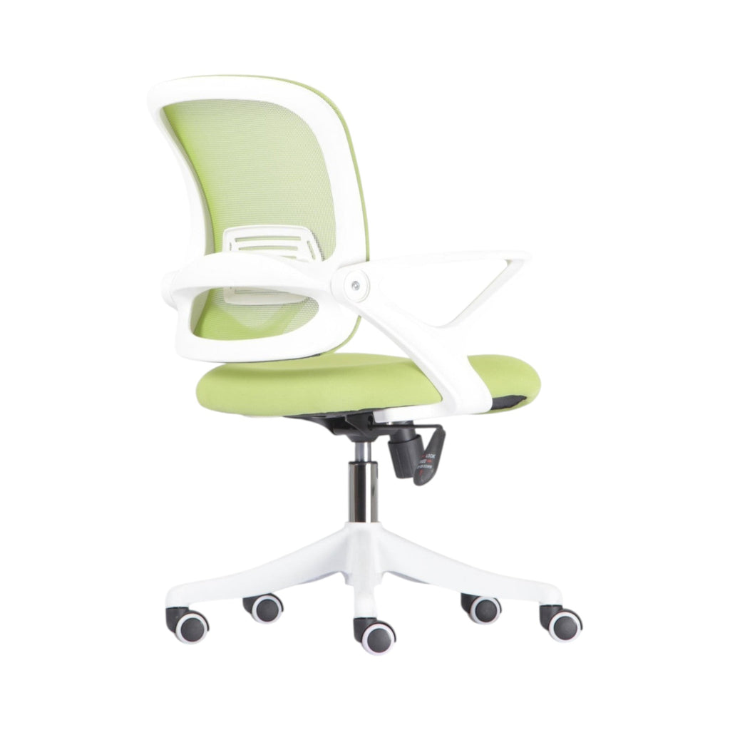 Xiaoyaozuo office chair: lime green ergonomic mesh back and padded seat, white frame, adjustable height, casters.