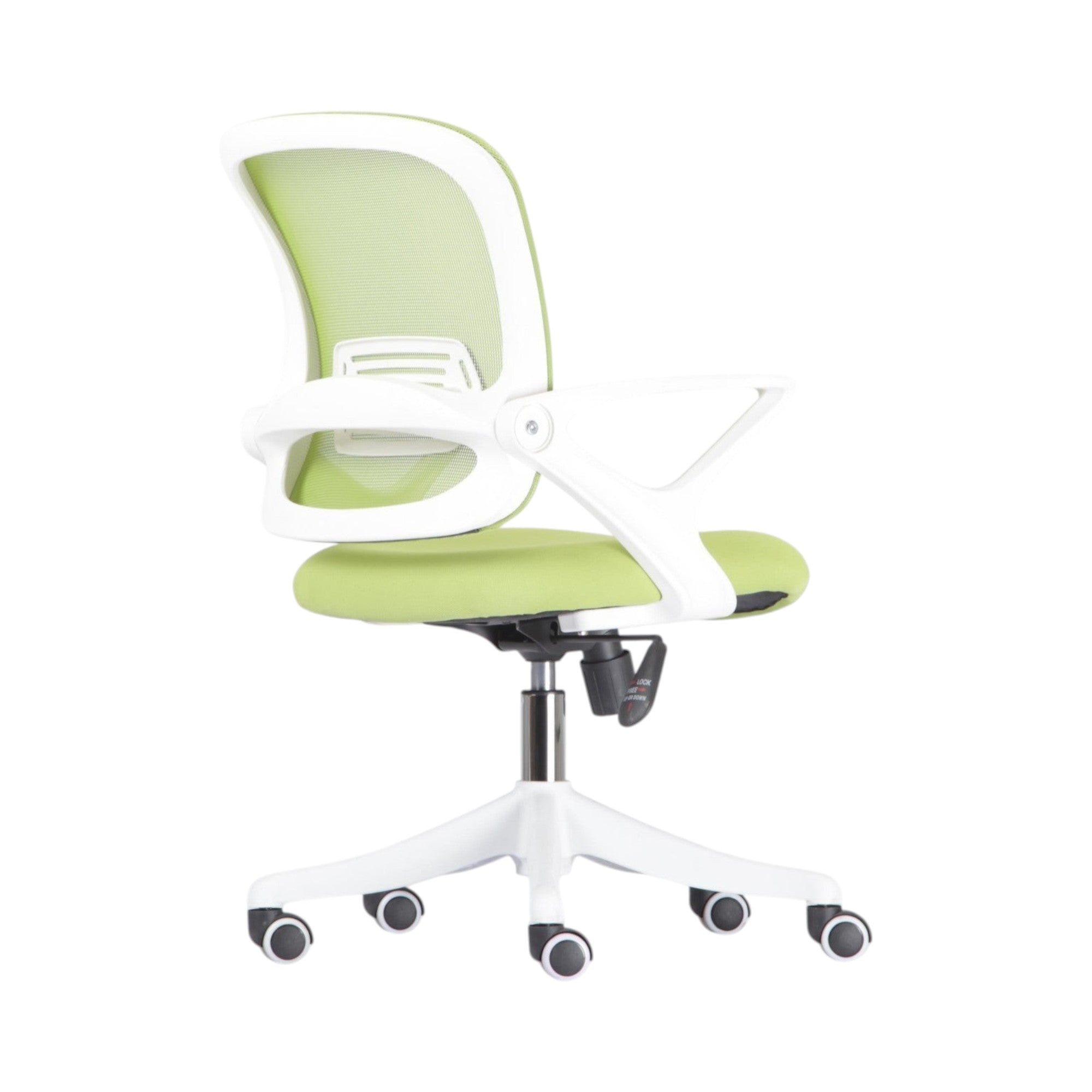 Xiaoyaozuo office chair: lime green ergonomic mesh back and padded seat, white frame, adjustable height, casters.