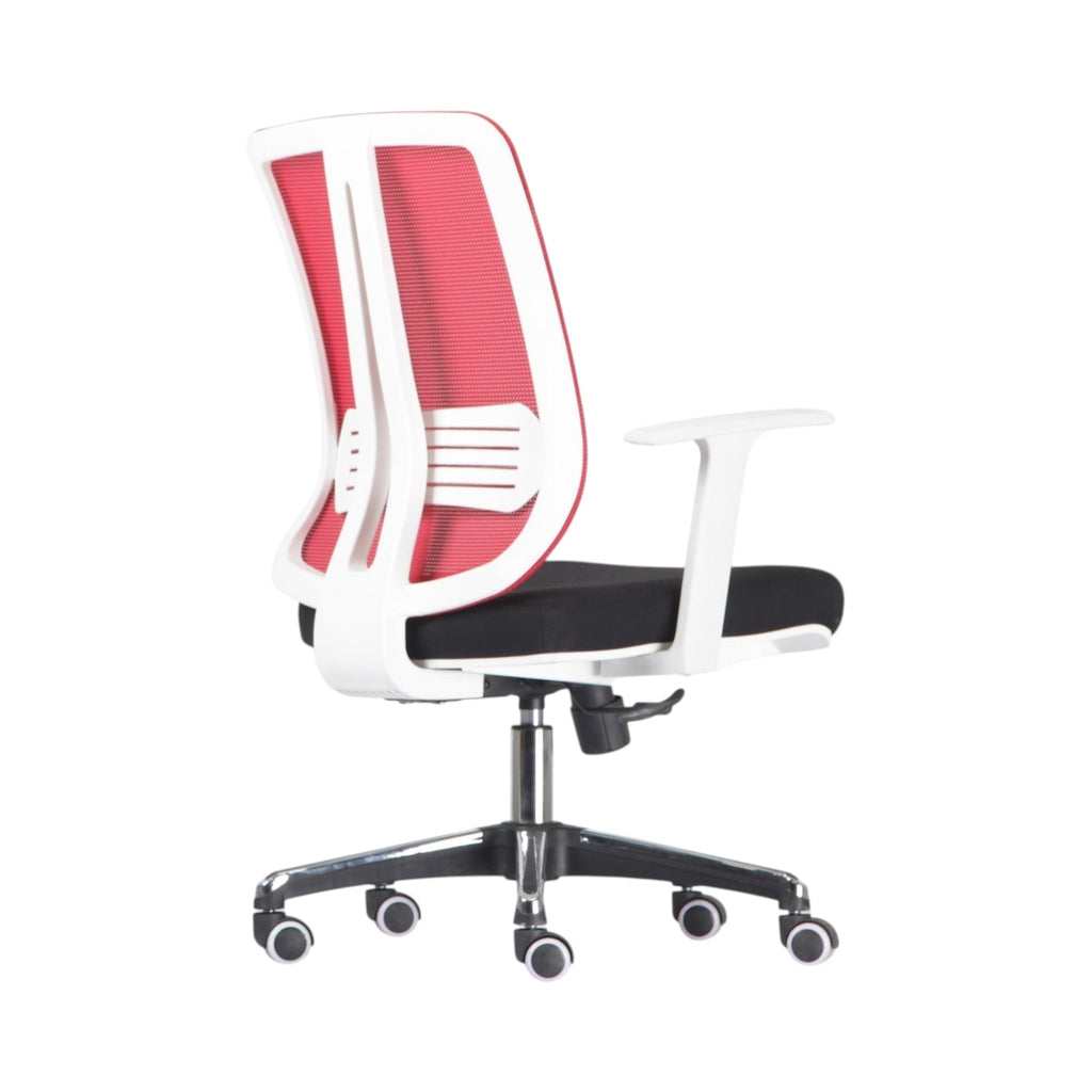 Xiaoyaozuo office chair with red mesh back, white frame, black seat, and silver base with casters. Ergonomic design for comfort.