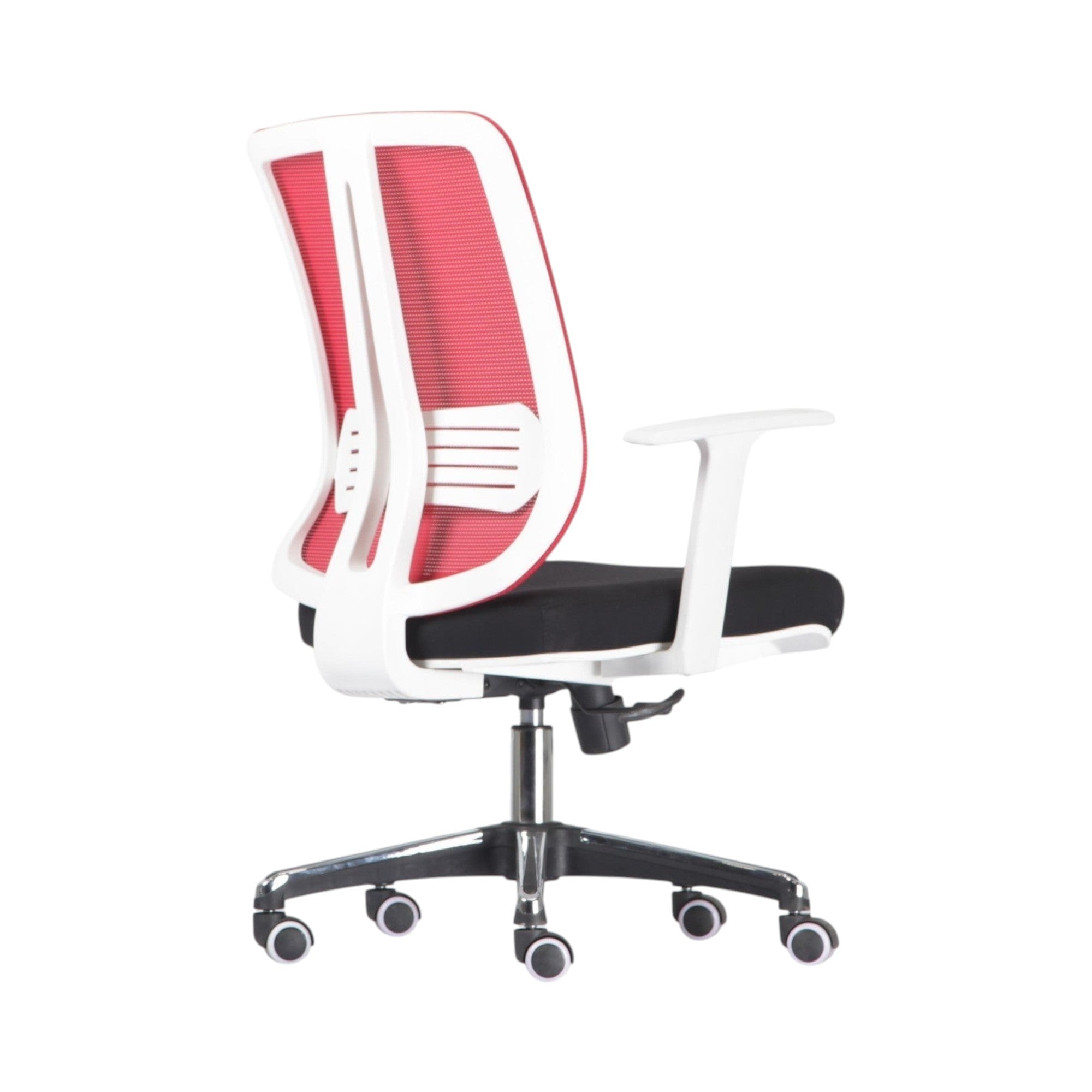 Xiaoyaozuo office chair with red mesh back, white frame, black seat, and silver base with casters. Ergonomic design for comfort.