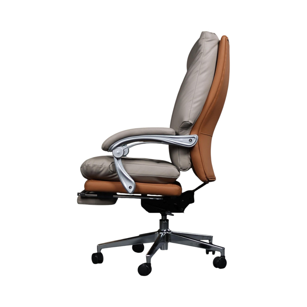 Xiaoyaozuo office chair executive ergonomic chair in beige and brown faux leather with footrest and padded armrests.