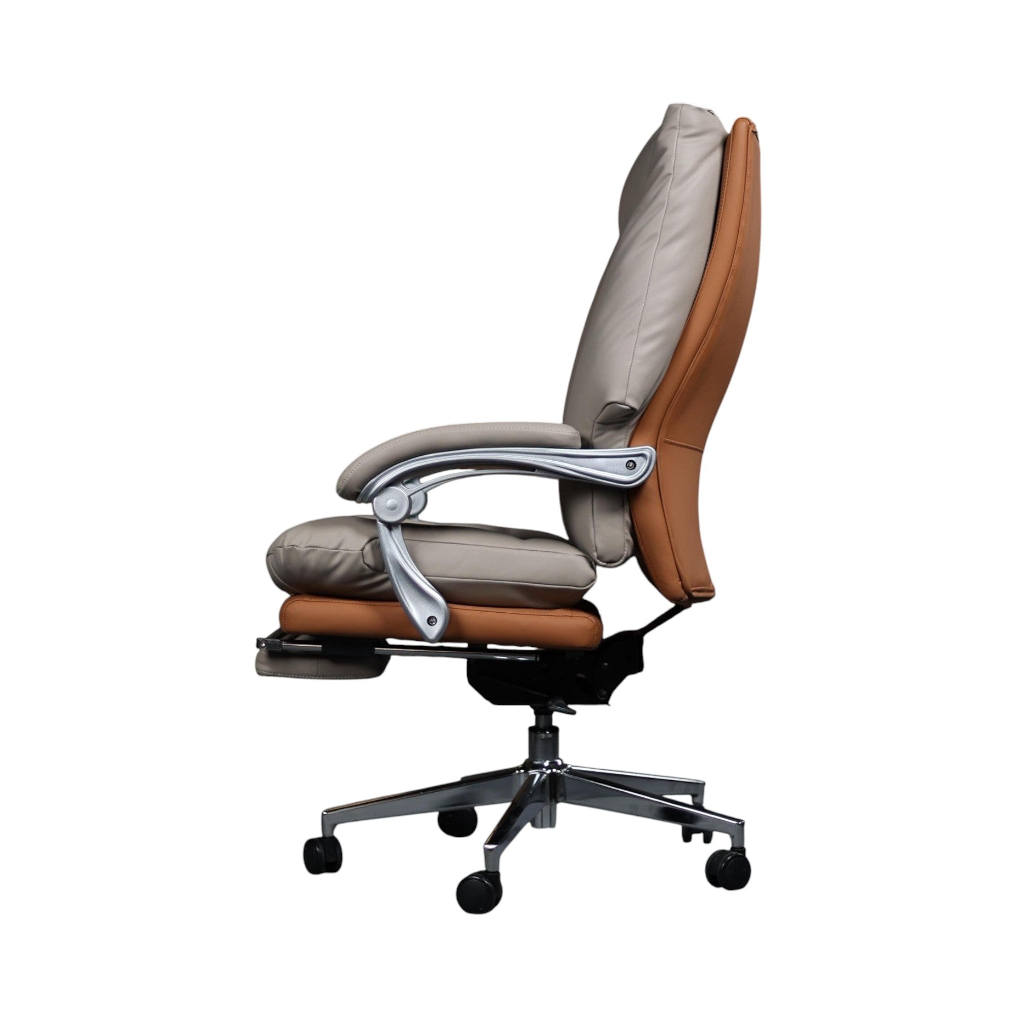 Xiaoyaozuo office chair executive ergonomic chair in beige and brown faux leather with footrest and padded armrests.