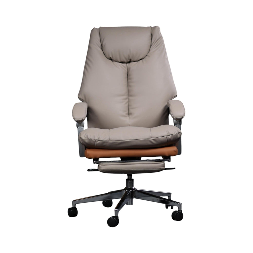 Xiaoyaozuo office chair executive ergonomic chair in beige and brown faux leather with footrest and casters.