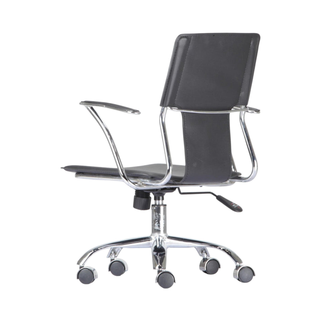Xiaoyaozuo office chair: Modern black faux leather ergonomic office chair with polished chrome frame and casters.