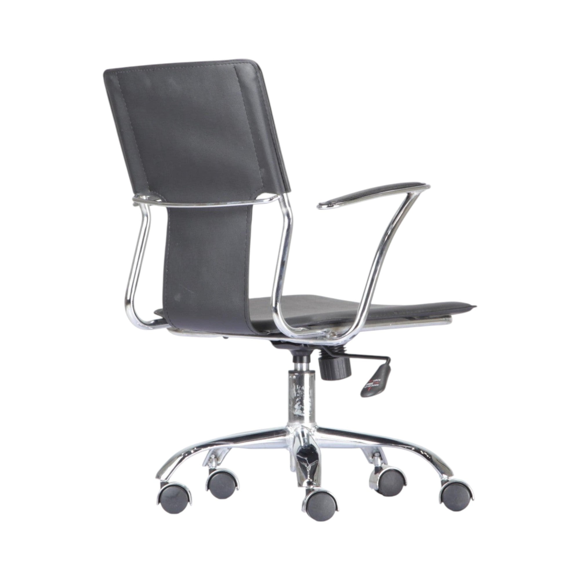 Xiaoyaozuo office chair: Modern black faux leather ergonomic office chair with polished chrome frame and casters.