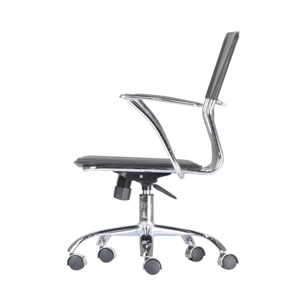 Xiaoyaozuo office chair: Modern black faux leather ergonomic office chair with polished chrome frame and casters.