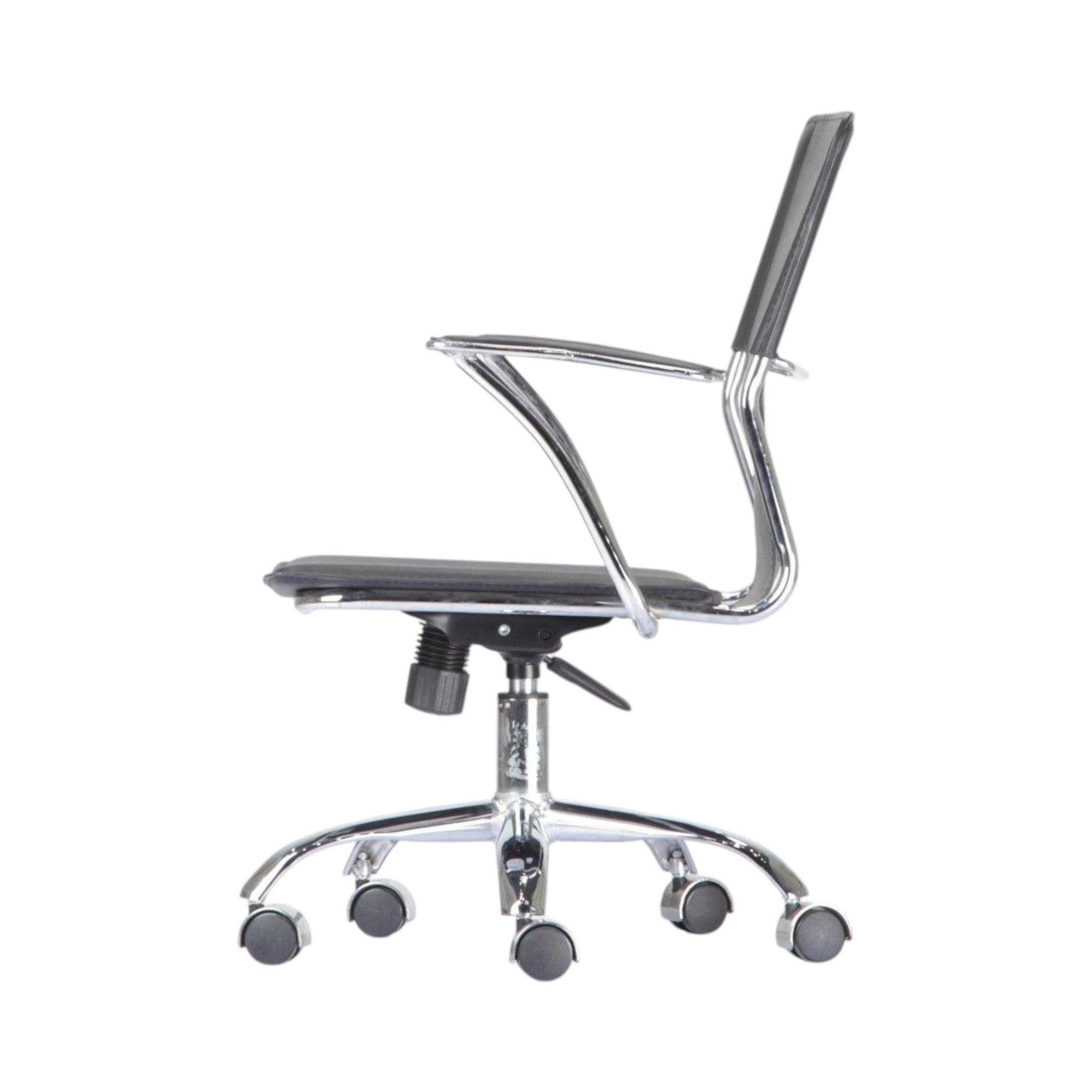Xiaoyaozuo office chair: Modern black faux leather ergonomic office chair with polished chrome frame and casters.