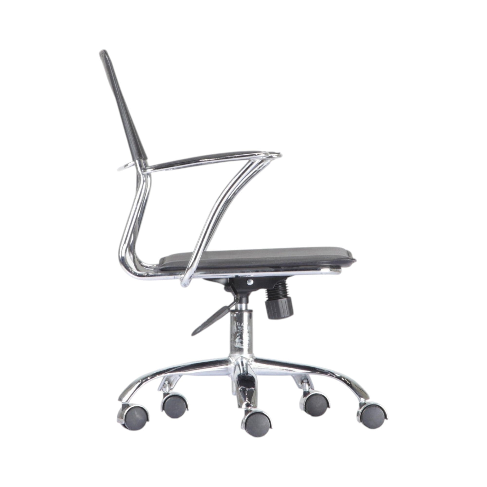Xiaoyaozuo office chair: Modern black faux leather ergonomic office chair with polished chrome frame and casters.