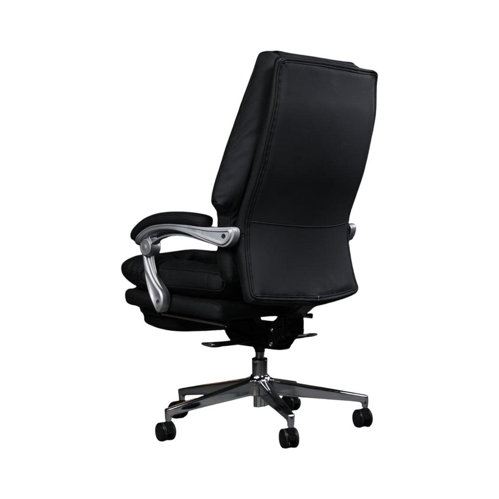 Xiaoyaozuo office chair black faux leather executive ergonomic office chair with footrest and silver accents.