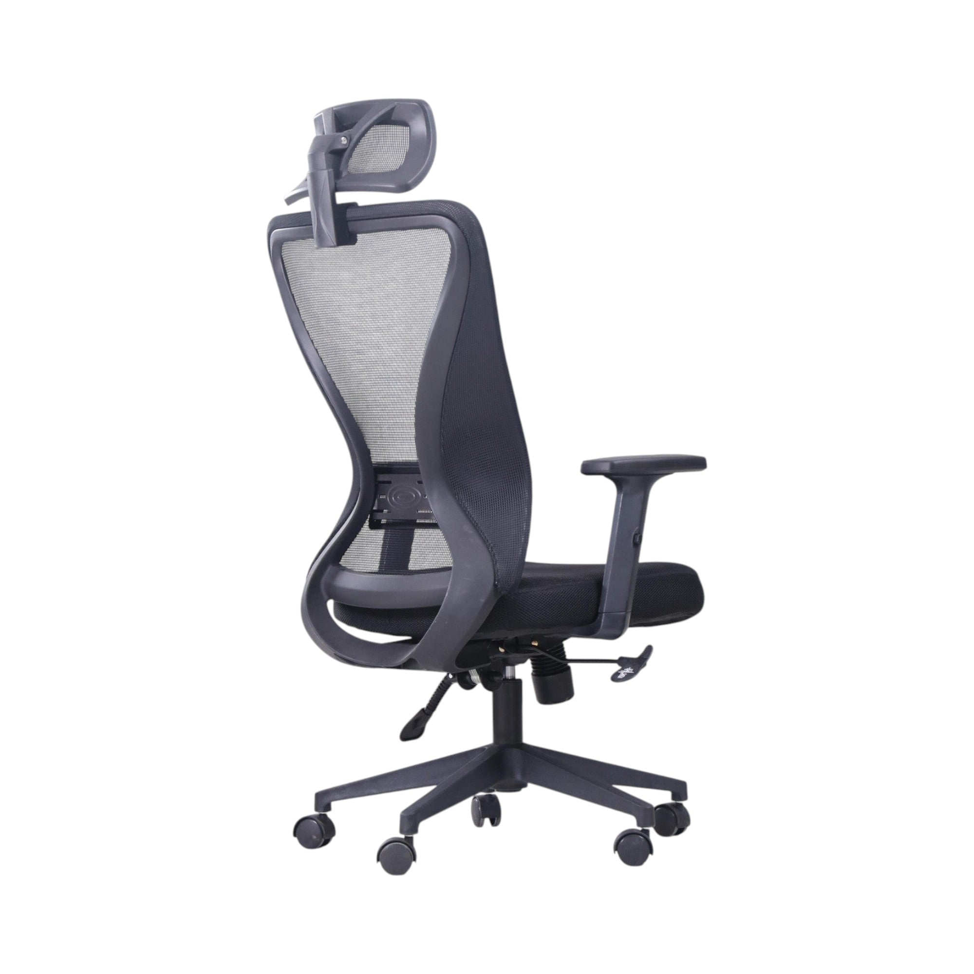 Xiaoyaozuo office chair: black ergonomic mesh office chair with adjustable headrest, padded seat, and armrests on casters.