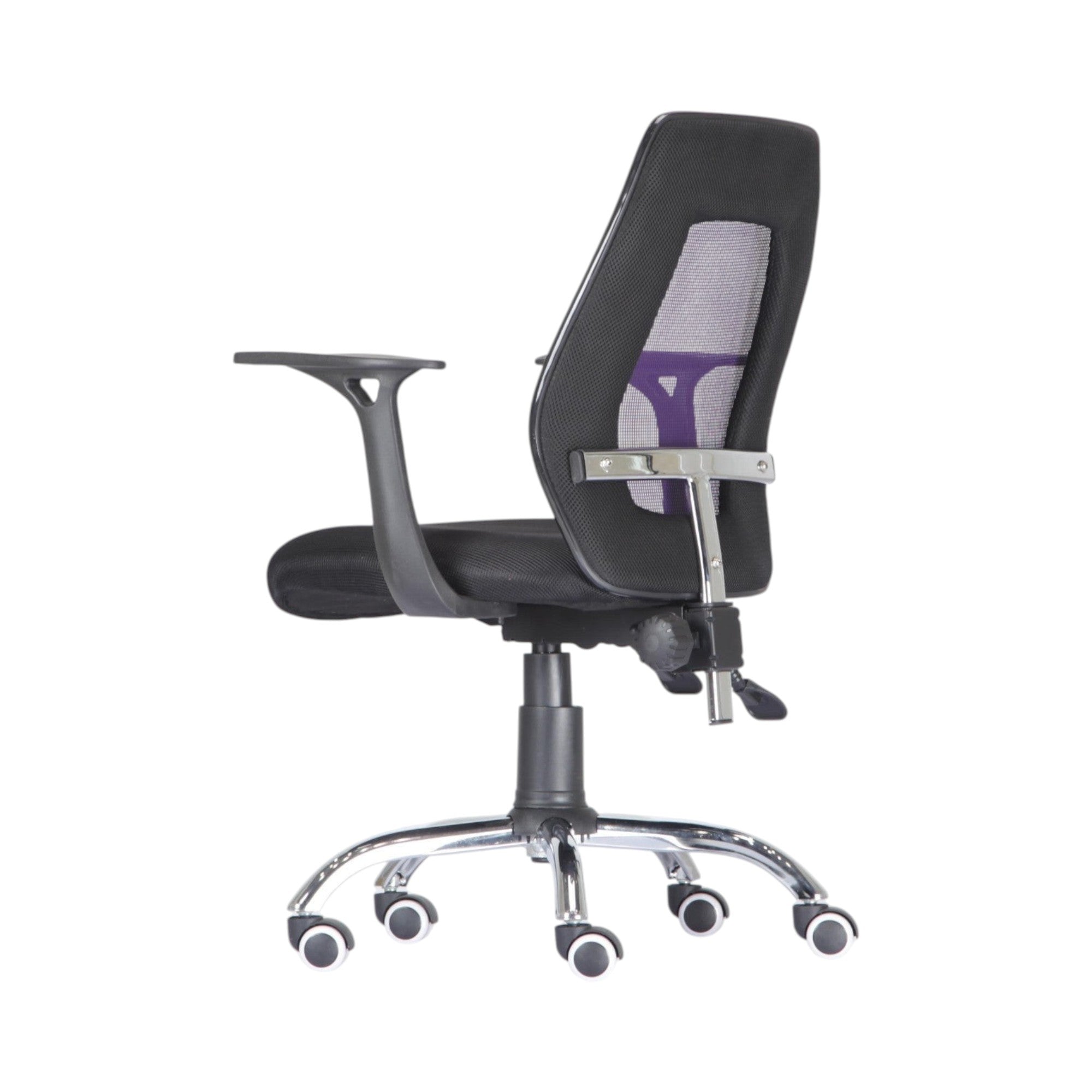 Xiaoyaozuo office chair black ergonomic mesh chair with purple accents and padded seat, adjustable armrests, and rolling base.