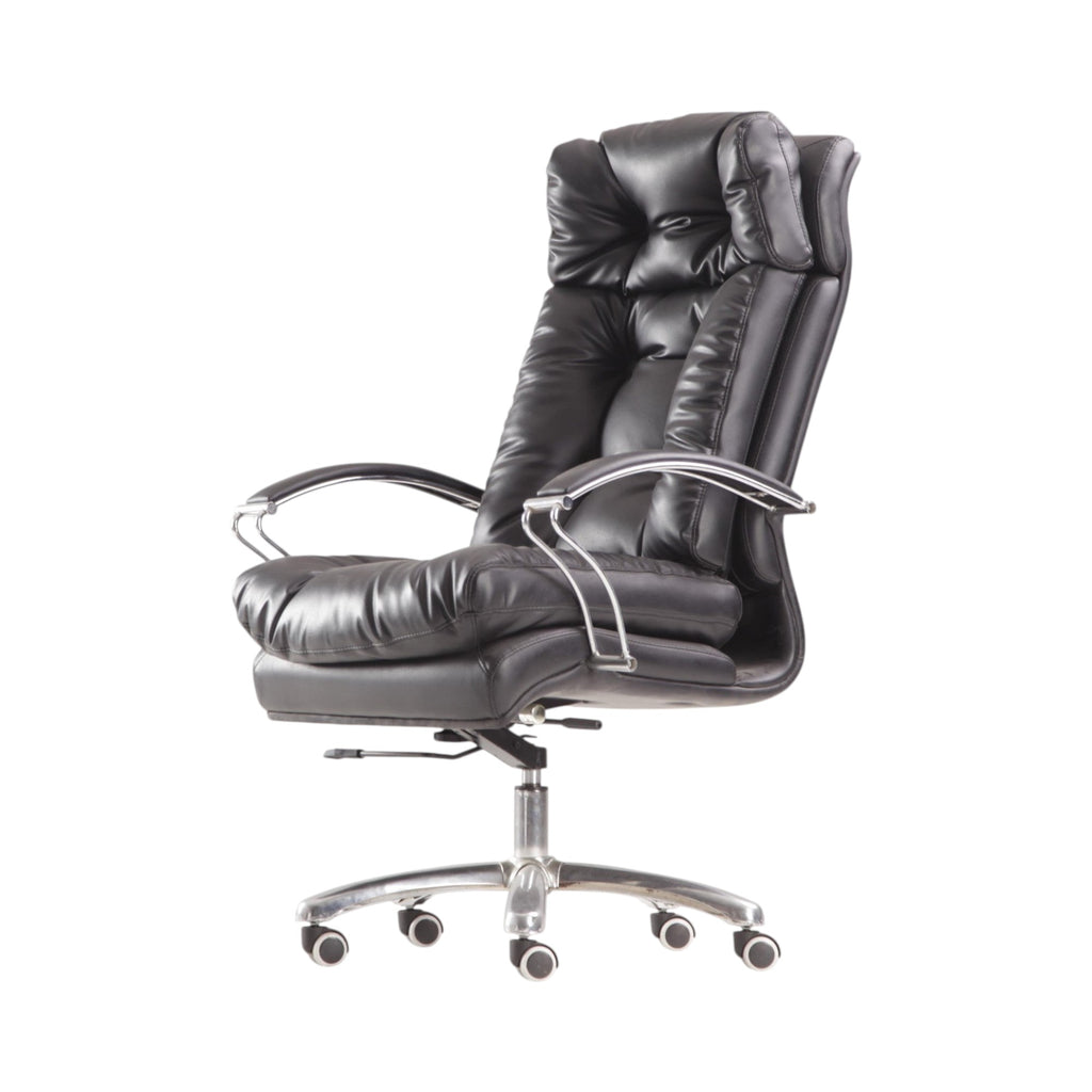 Xiaoyaozuo office chair: Black executive padded faux leather office chair with high backrest and chrome accents.
