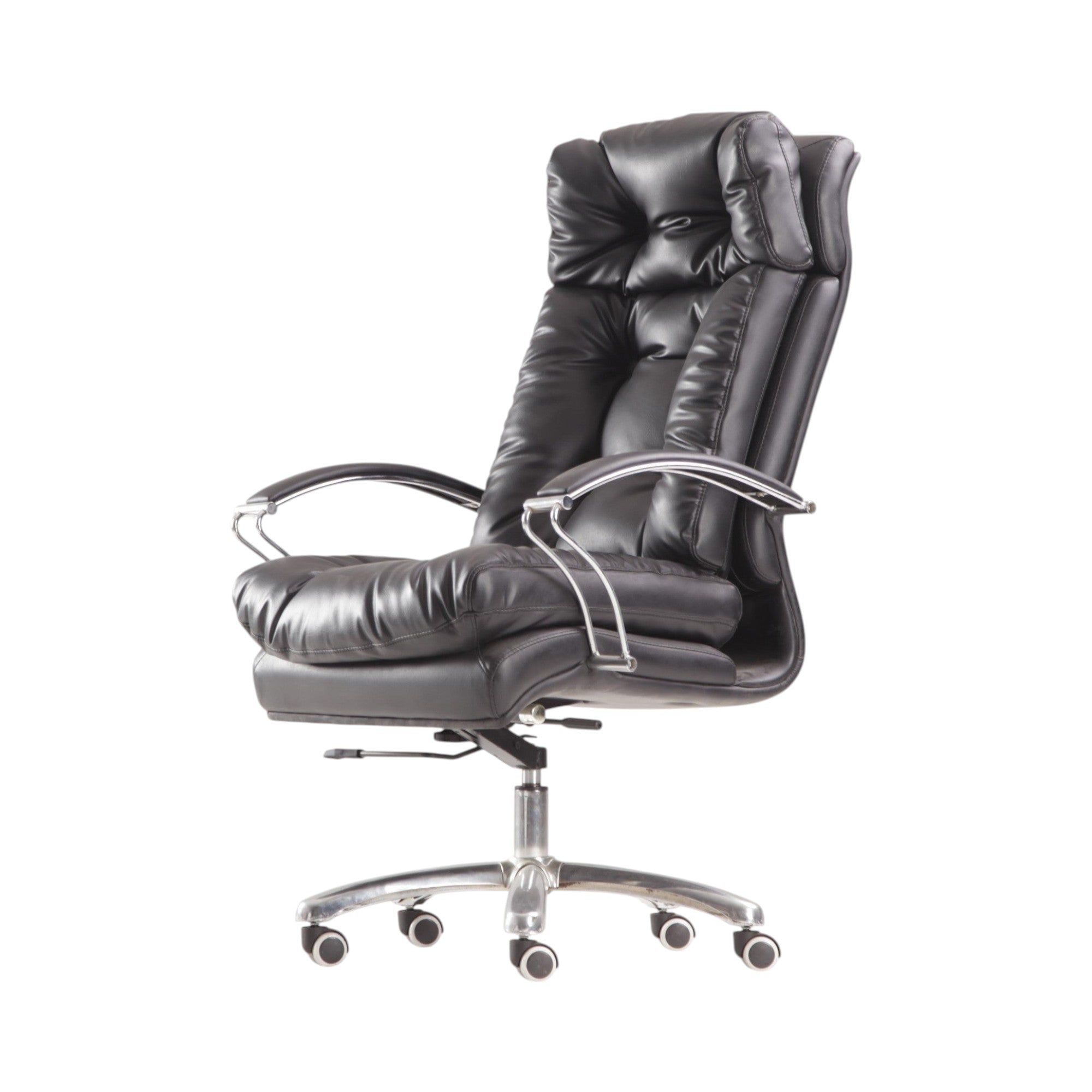 Xiaoyaozuo office chair: Black executive padded faux leather office chair with high backrest and chrome accents.