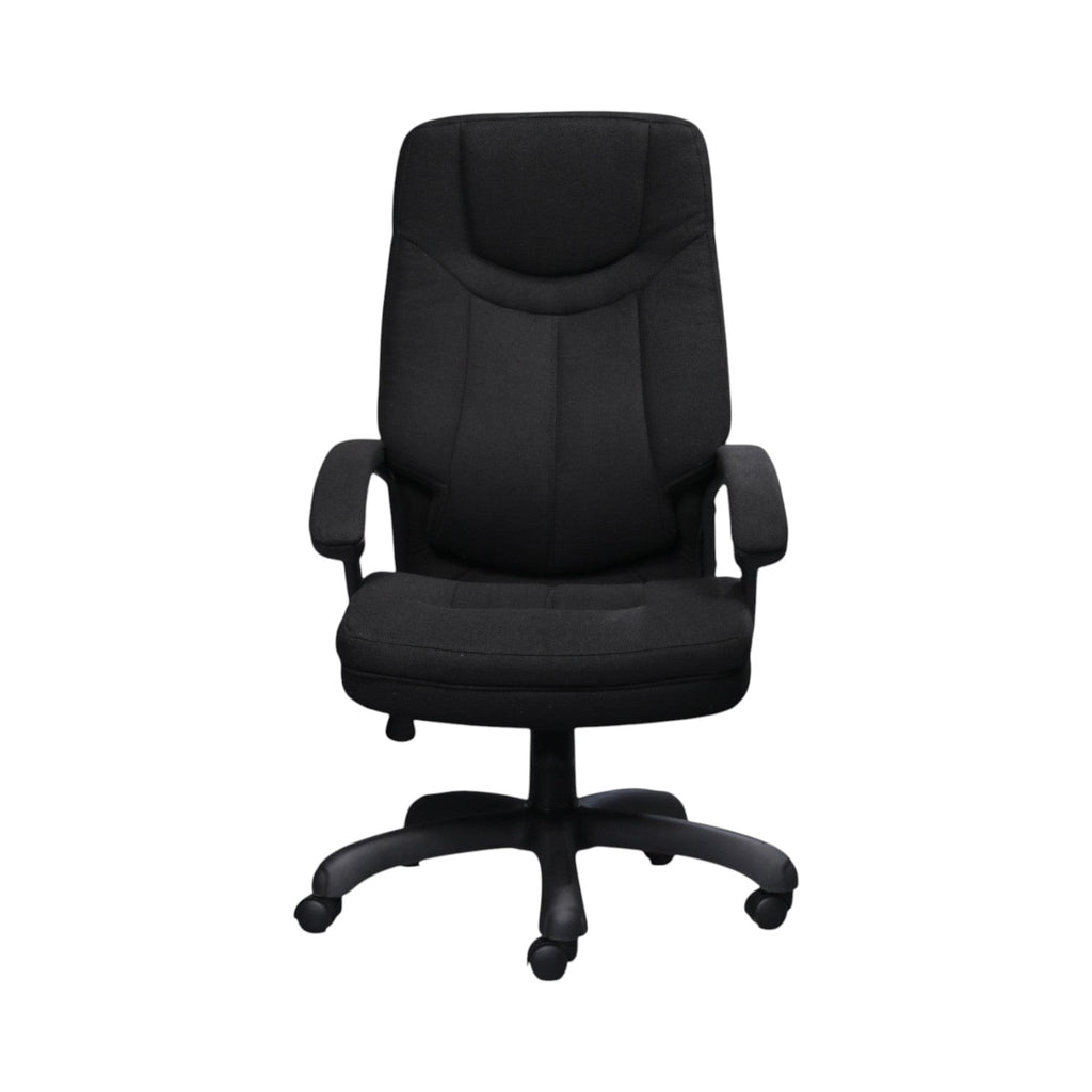 Xiaoyaozuo office chair: Black fabric executive office chair with plush cushioning, ergonomic support, and smooth-rolling casters.