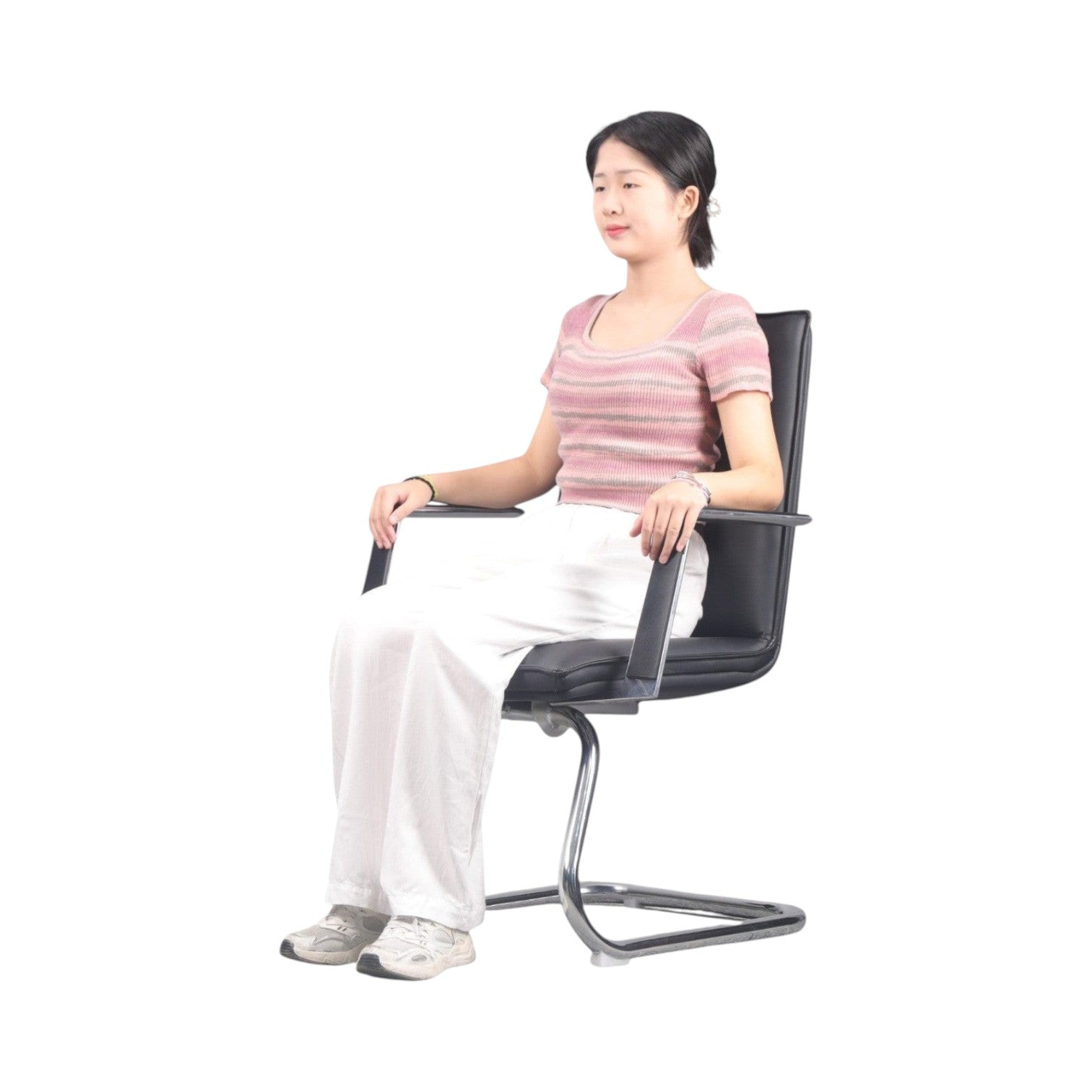 Xiaoyaozuo office chair: Modern black faux leather executive chair with polished chrome cantilever base and integrated armrests, shown with a woman seated.