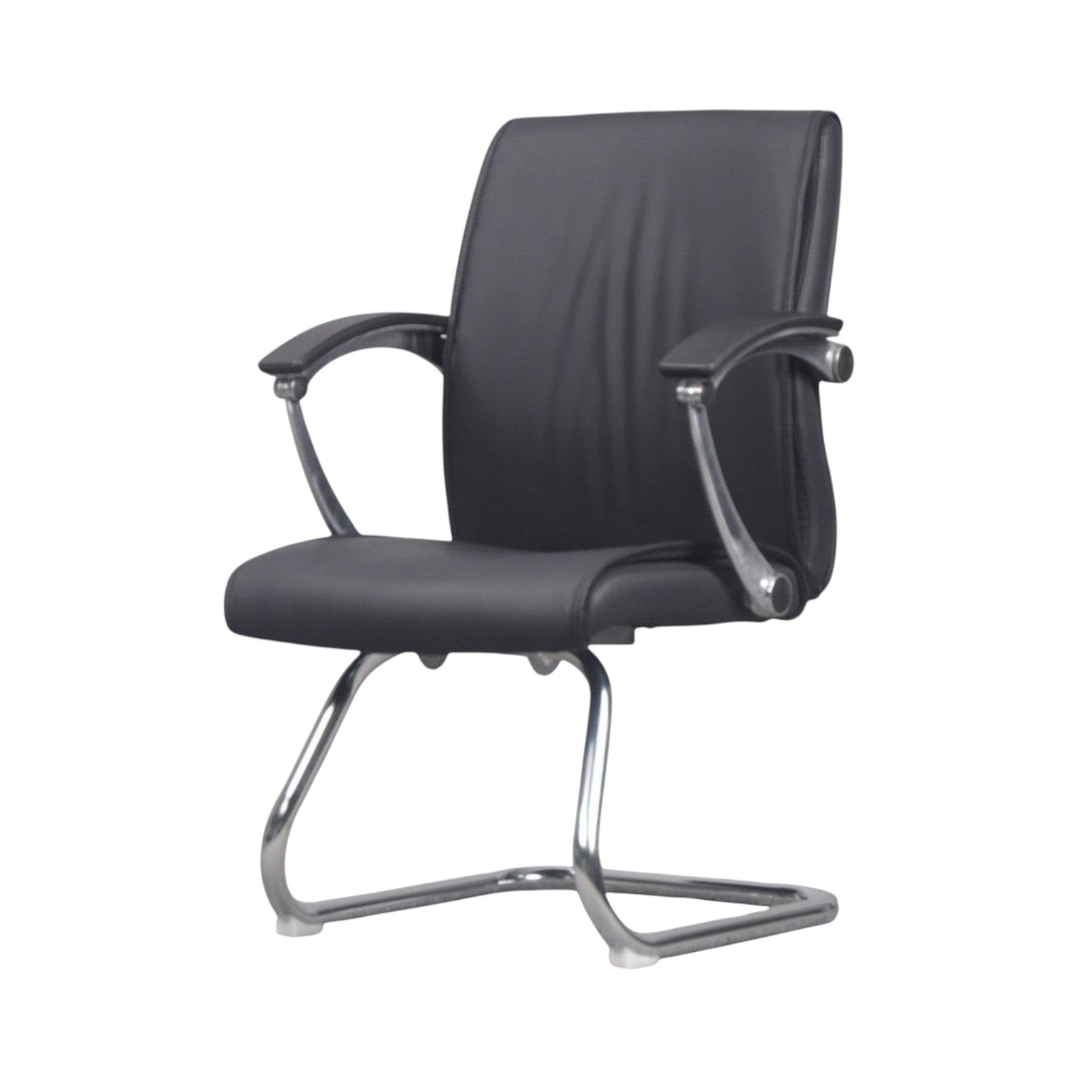 Xiaoyaozuo office chair executive conference chair in black faux leather with polished chrome cantilever base and armrests.