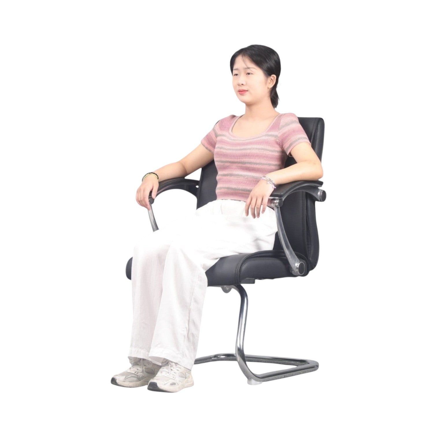 Xiaoyaozuo office chair: Black faux leather executive conference chair with polished chrome cantilever base and armrests, shown with a woman seated.