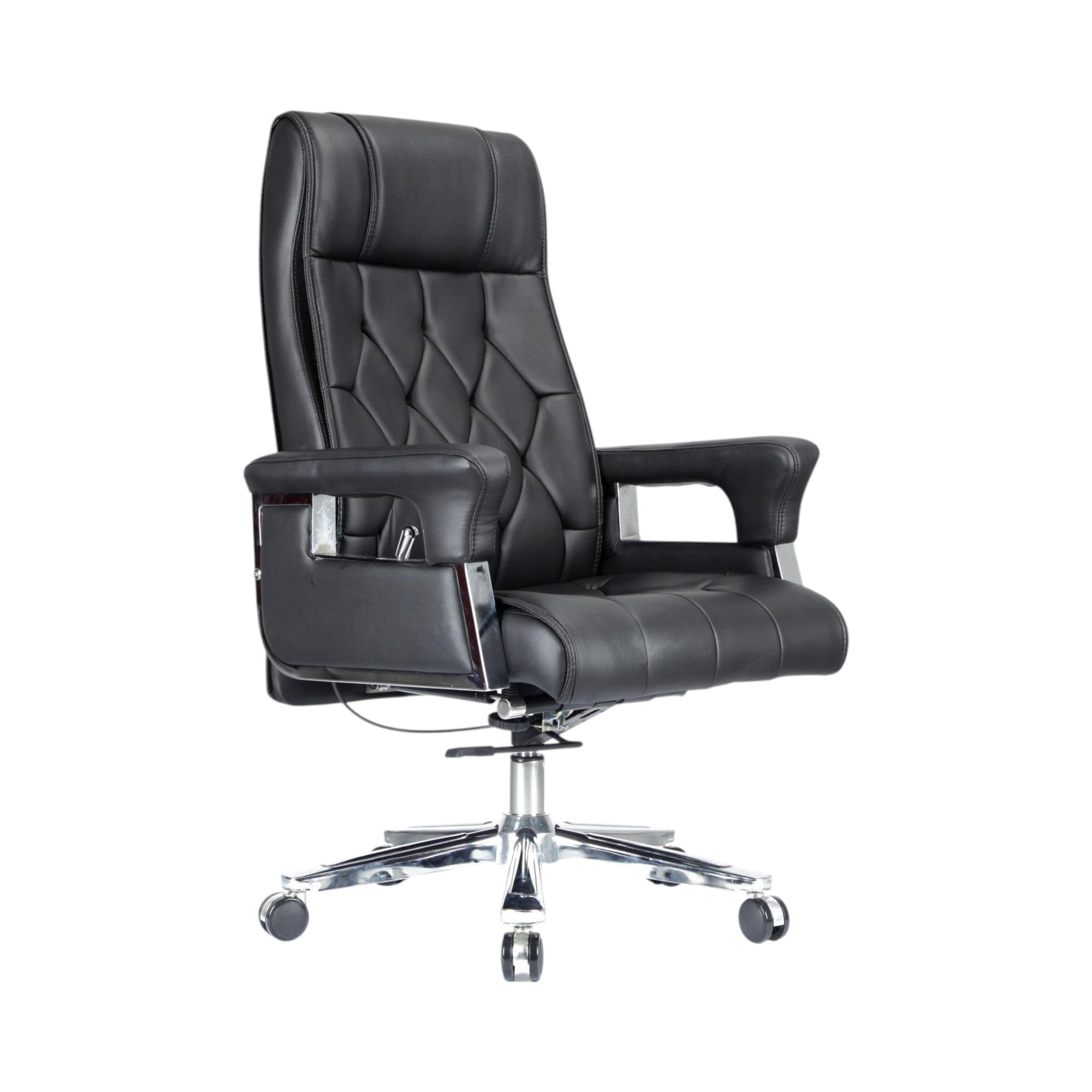 Xiaoyaozuo office chair black faux leather executive chair with diamond stitching, chrome accents, and rolling casters.