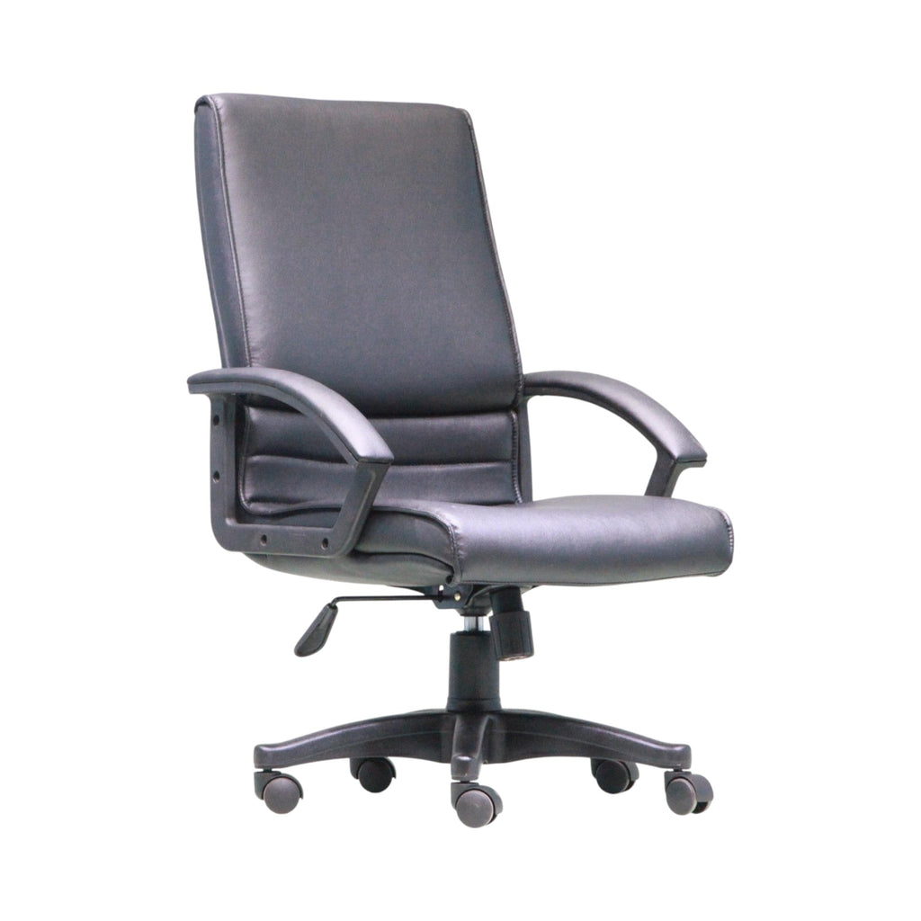 Xiaoyaozuo office chair black faux leather executive chair with padded seat, high backrest, and armrests on a wheeled base.