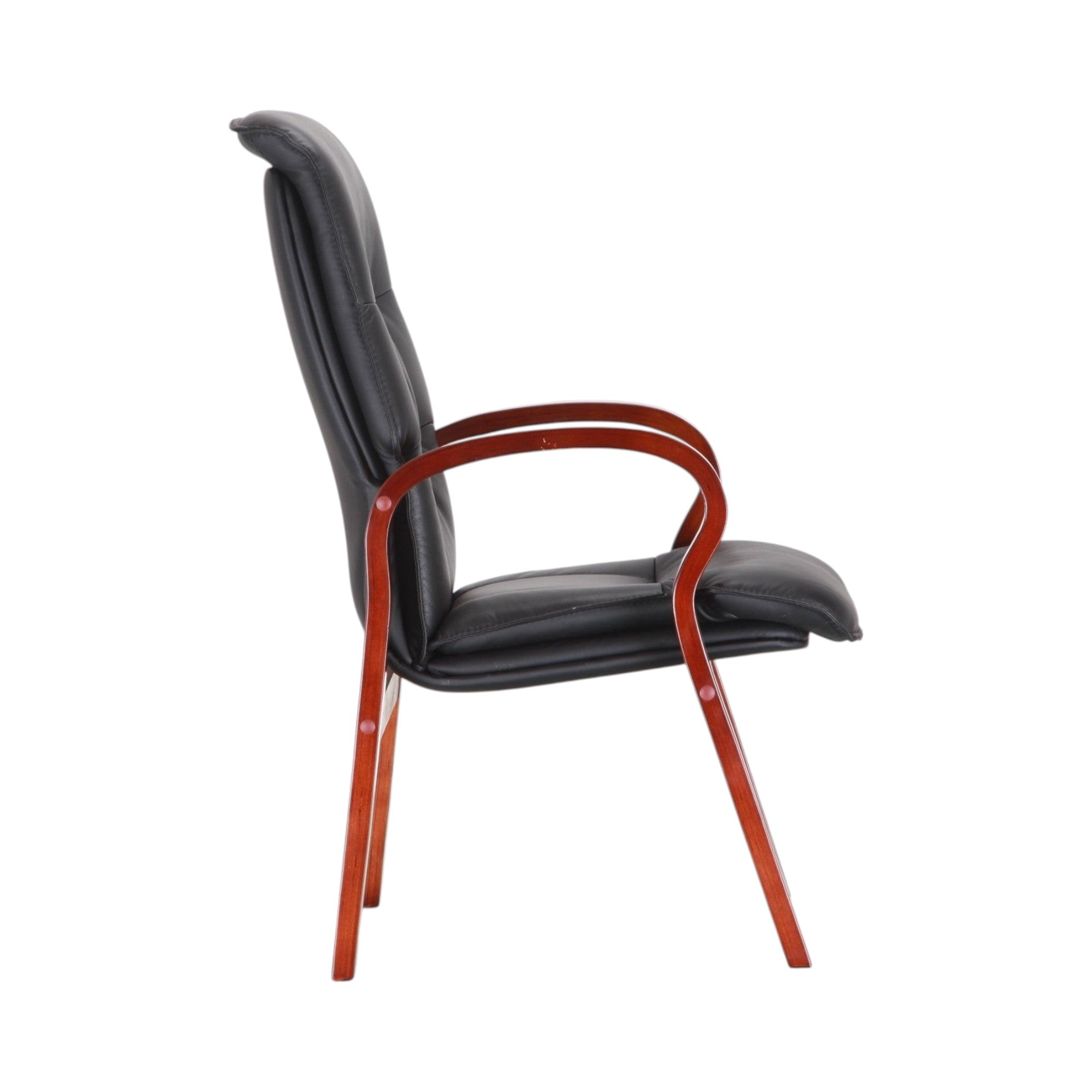Xiaoyaozuo office chair: Black faux leather executive chair with a high back and wooden frame, featuring curved armrests for comfort and style.