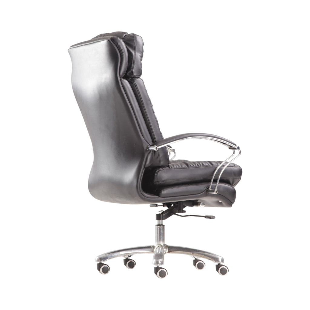 Xiaoyaozuo office chair executive black faux leather padded ergonomic office chair with high backrest and chrome arms.