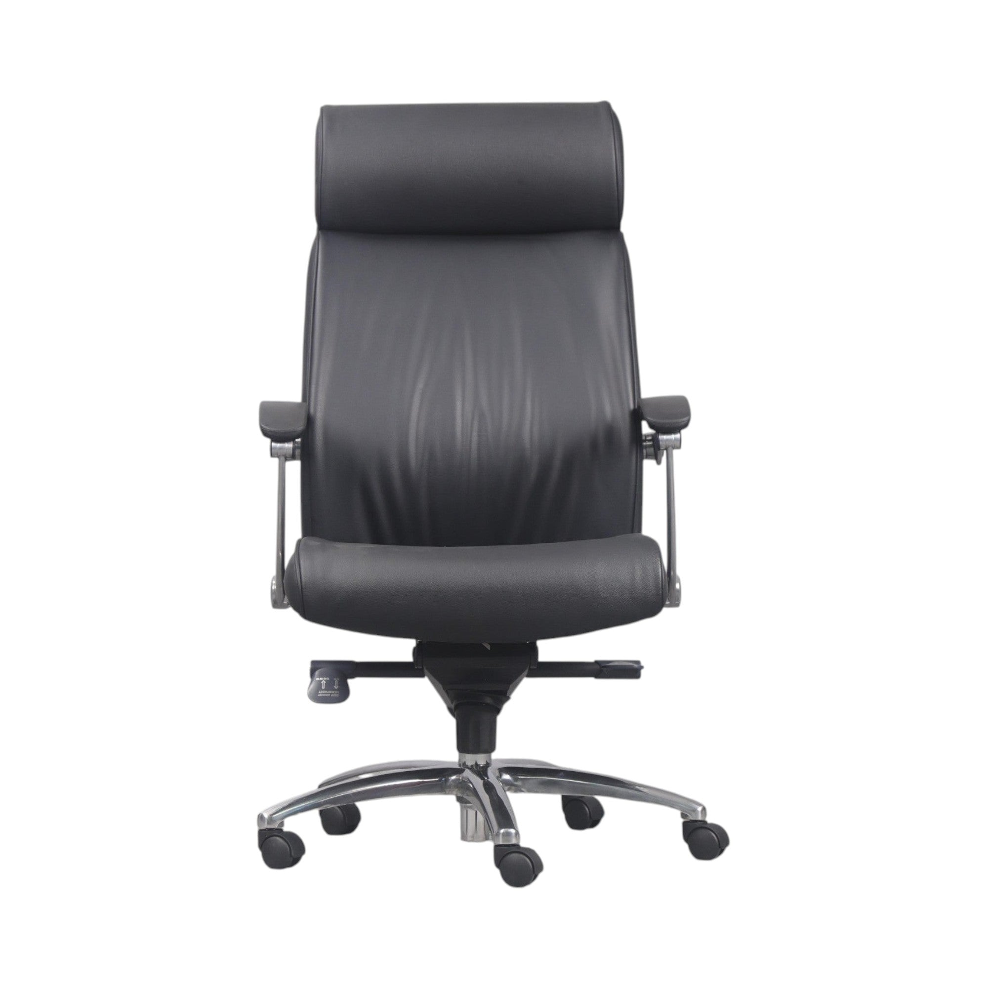 Xiaoyaozuo office chair: Black faux leather executive chair with high back, headrest, and polished chrome base with casters.