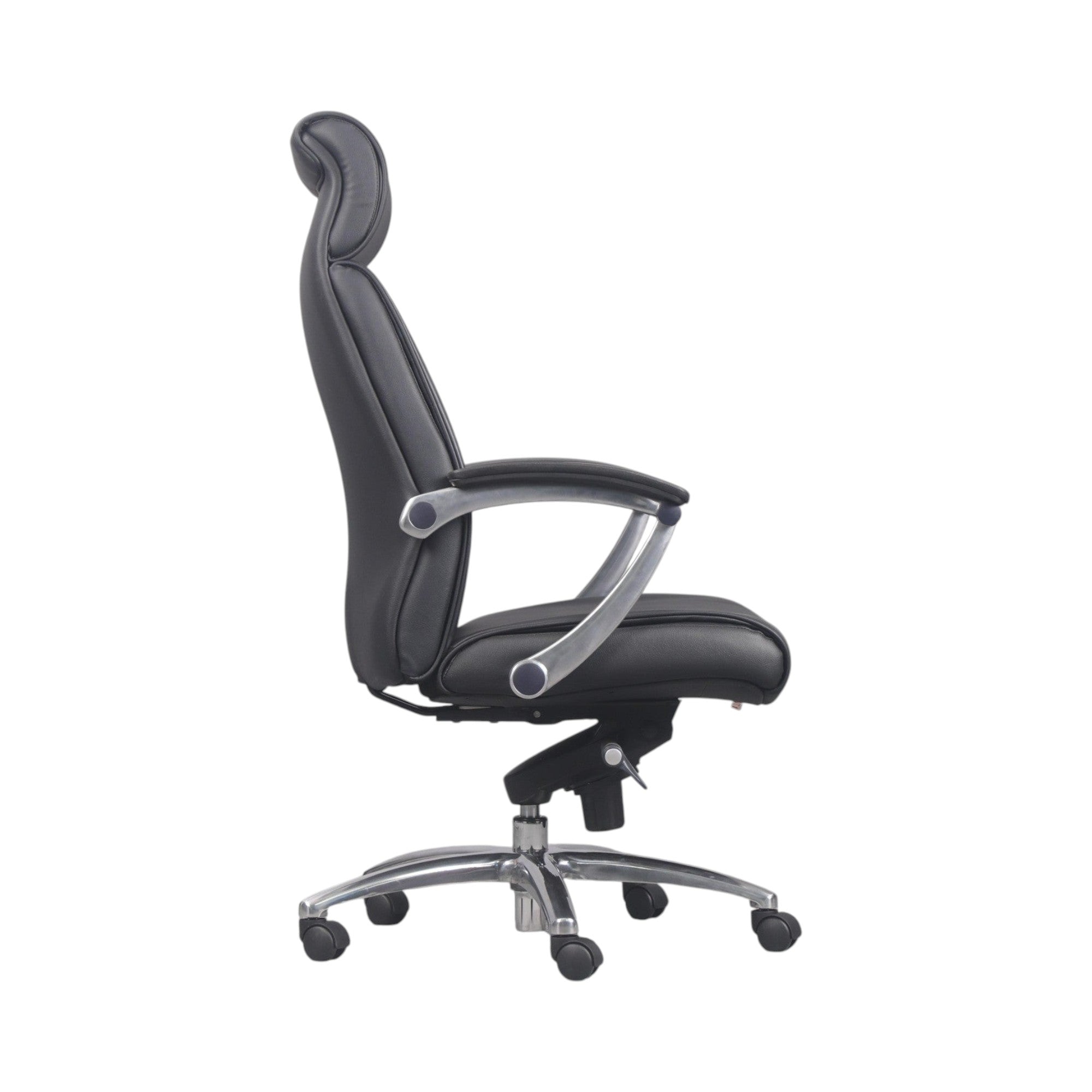Xiaoyaozuo office chair executive high back chair in black faux leather with headrest and polished chrome base.