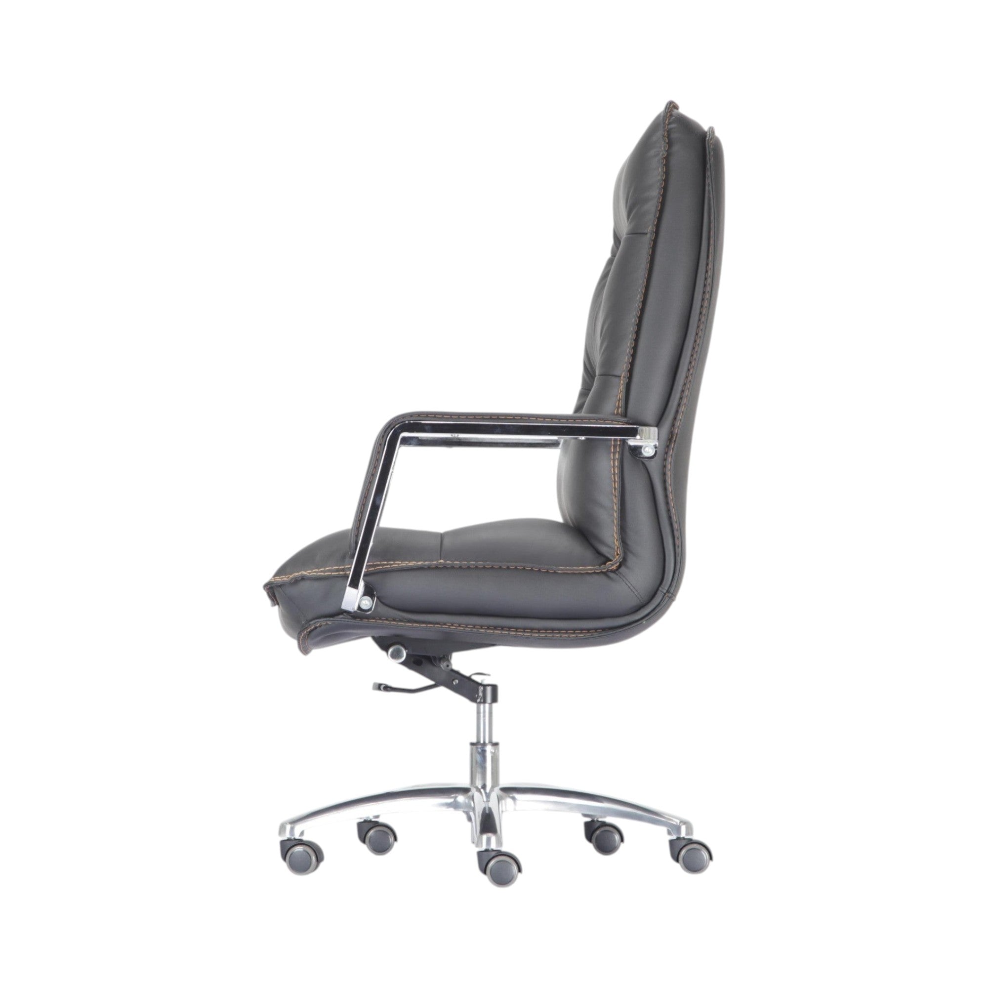 Xiaoyaozuo office chair executive high back chair in black faux leather with detailed stitching and chrome base.