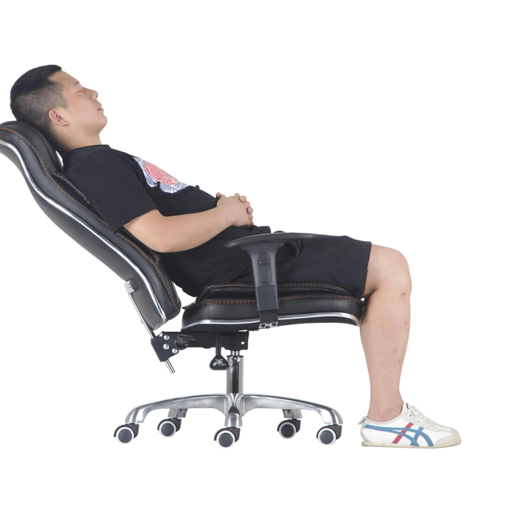 Xiaoyaozuo office chair executive high back black faux leather chair with contrast stitching, reclined with man resting.