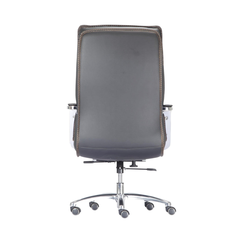 Xiaoyaozuo office chair black faux leather executive chair with high back and detailed stitching on a chrome base with casters.