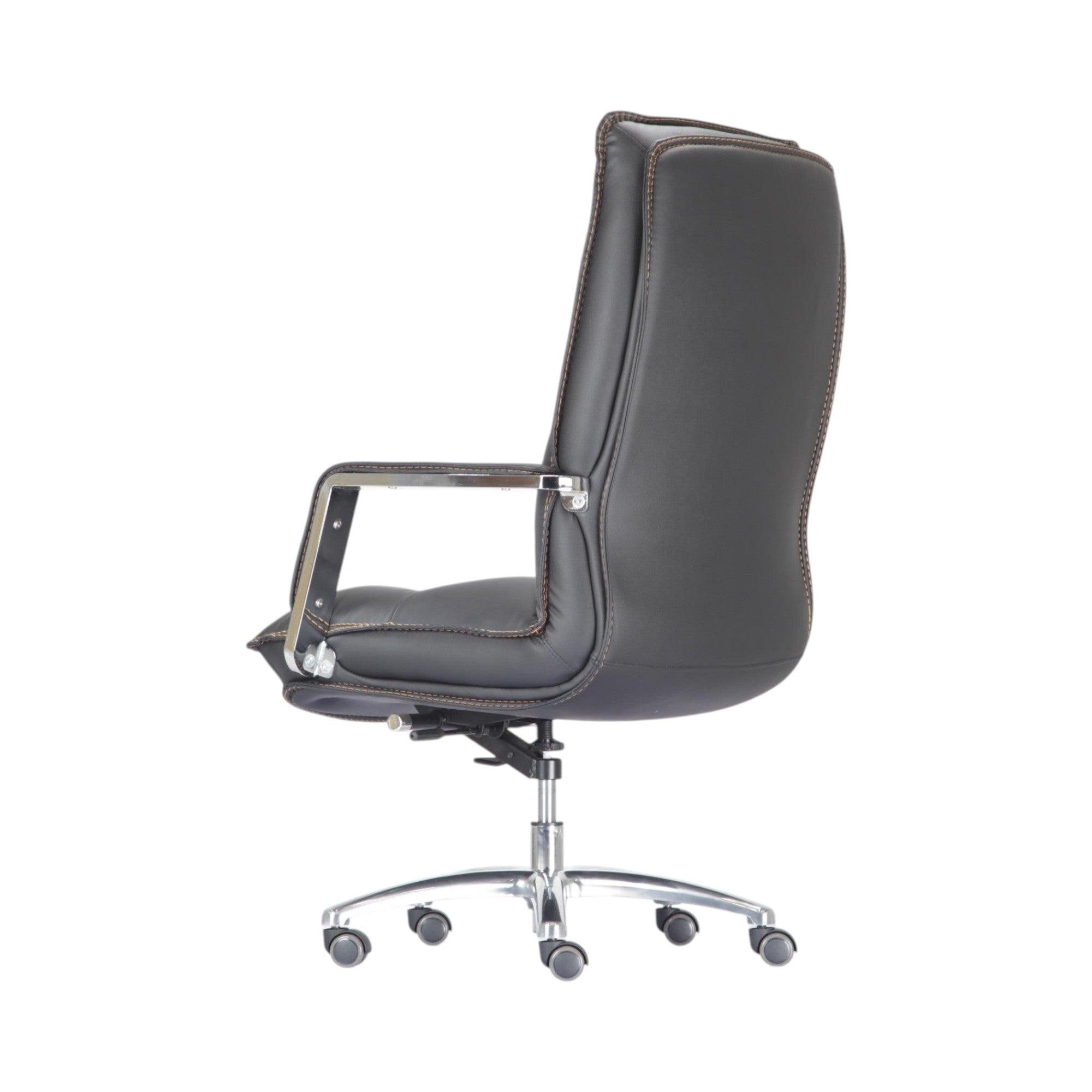 Xiaoyaozuo office chair executive high back chair in black faux leather with chrome accents and detailed stitching.