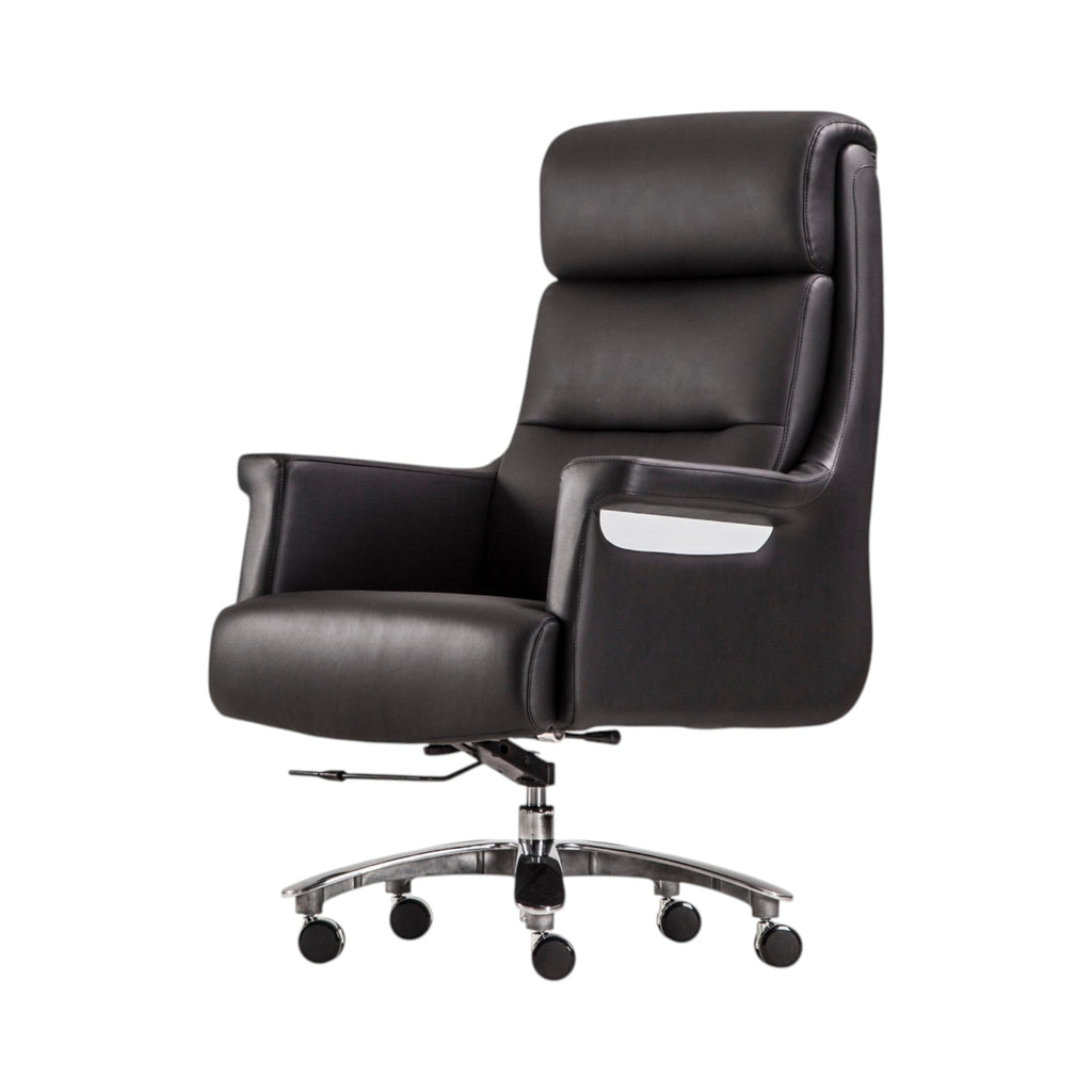 Xiaoyaozuo office chair black faux leather executive high back office chair with chrome accents and casters.