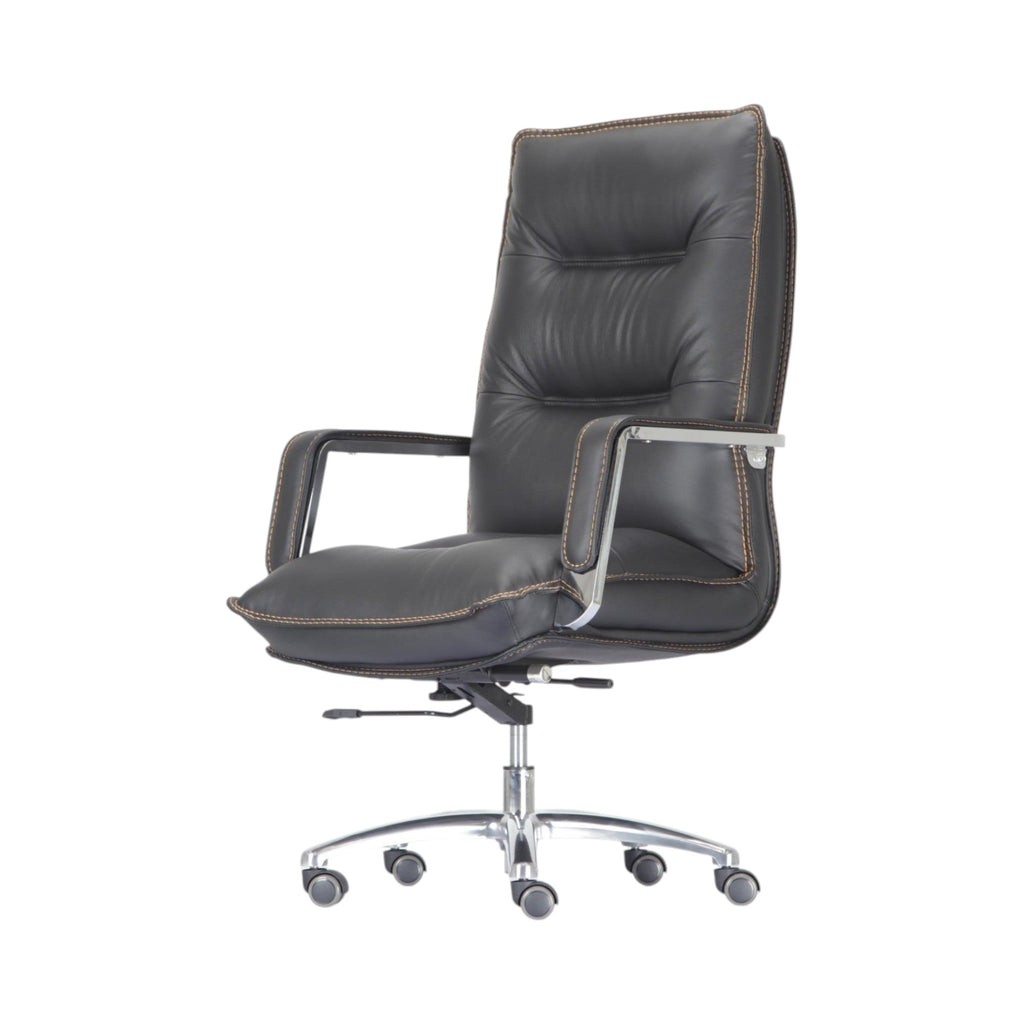 Xiaoyaozuo office chair: Black faux leather executive high back office chair with detailed stitching and chrome base.