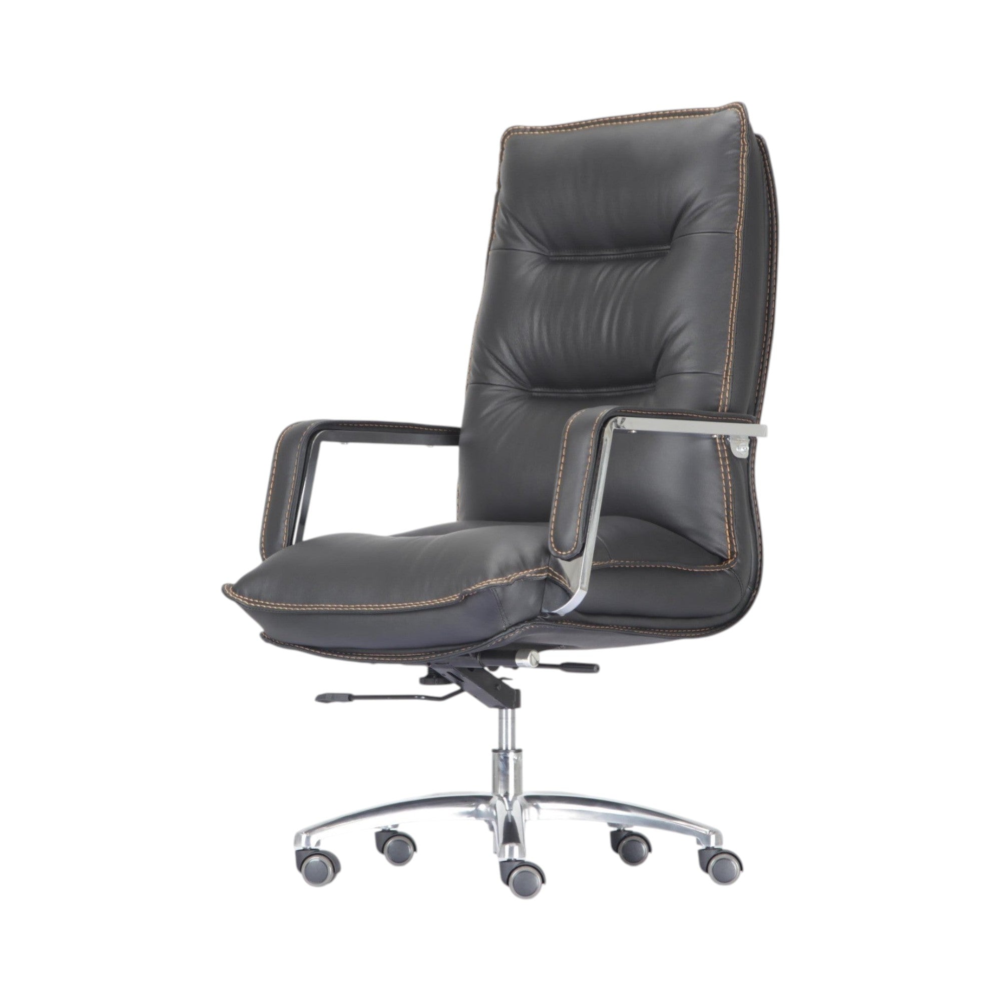 Xiaoyaozuo office chair: Black faux leather executive high back office chair with detailed stitching and chrome base.