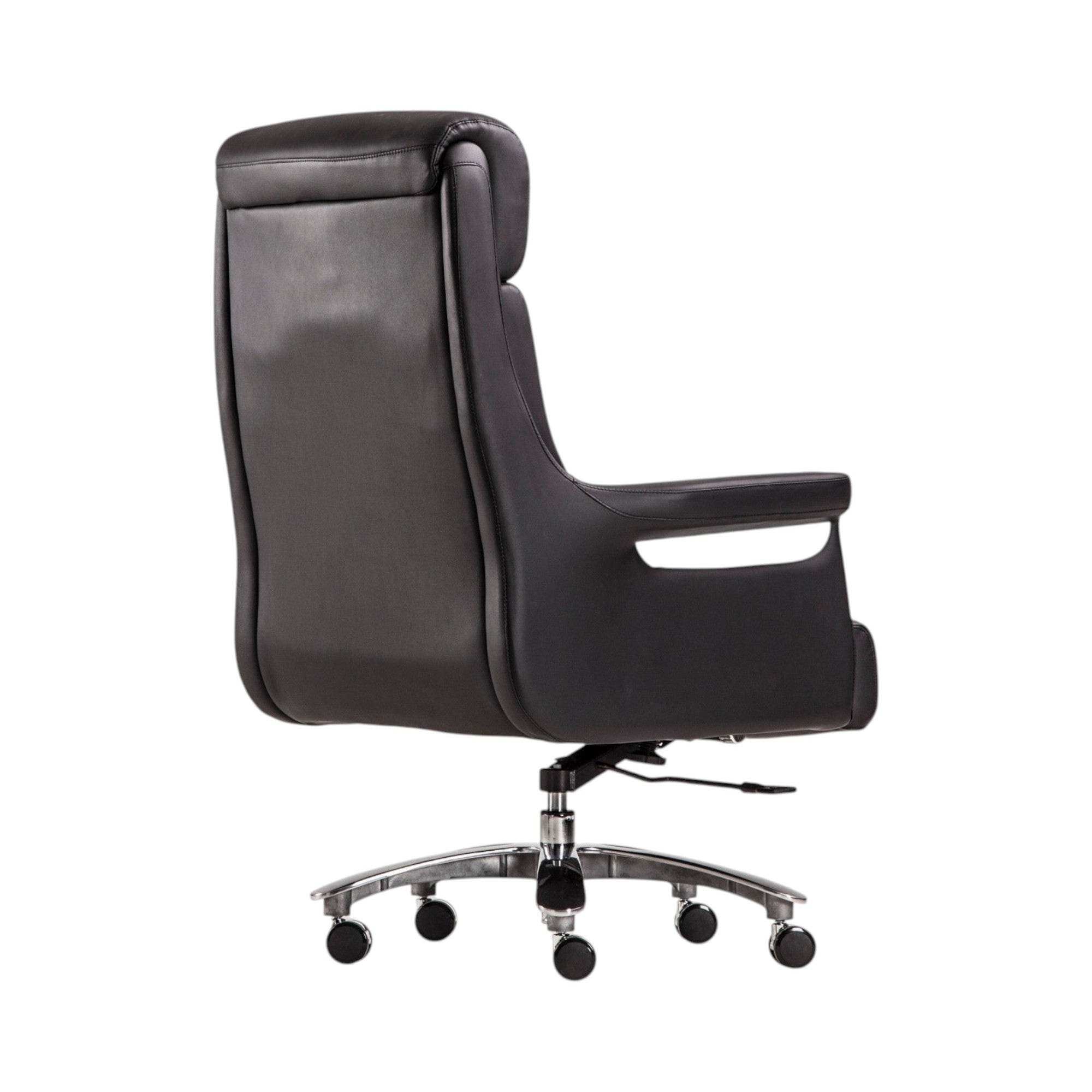 Xiaoyaozuo office chair black faux leather executive high back office chair with chrome accents and casters.