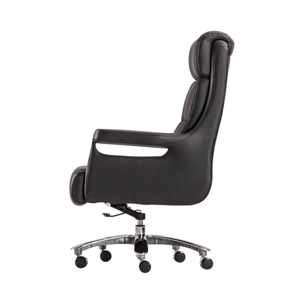 Xiaoyaozuo office chair black faux leather executive high back office chair with chrome accents and casters.