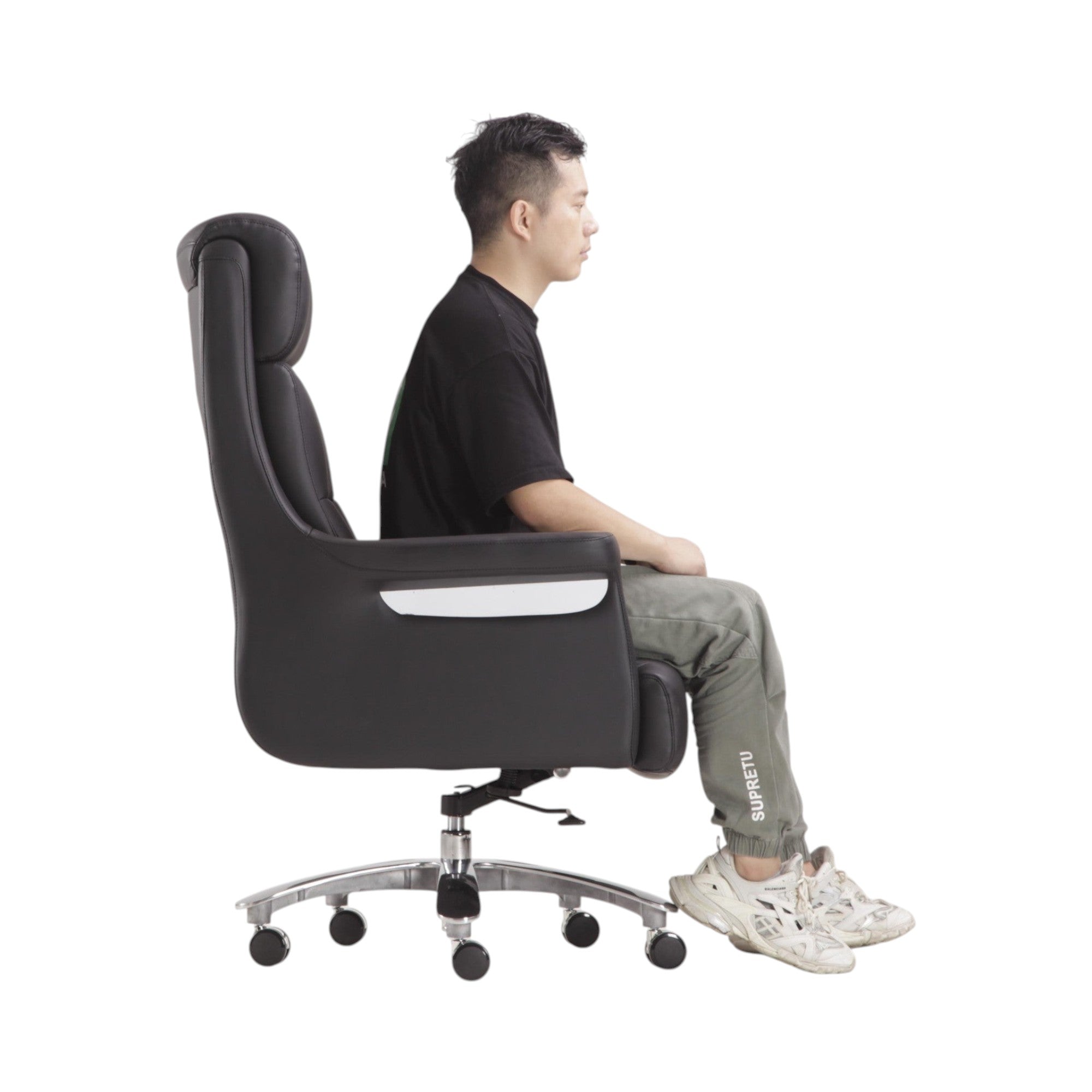 Xiaoyaozuo office chair: Black faux leather executive high back office chair with chrome accents and casters, shown with a man seated.