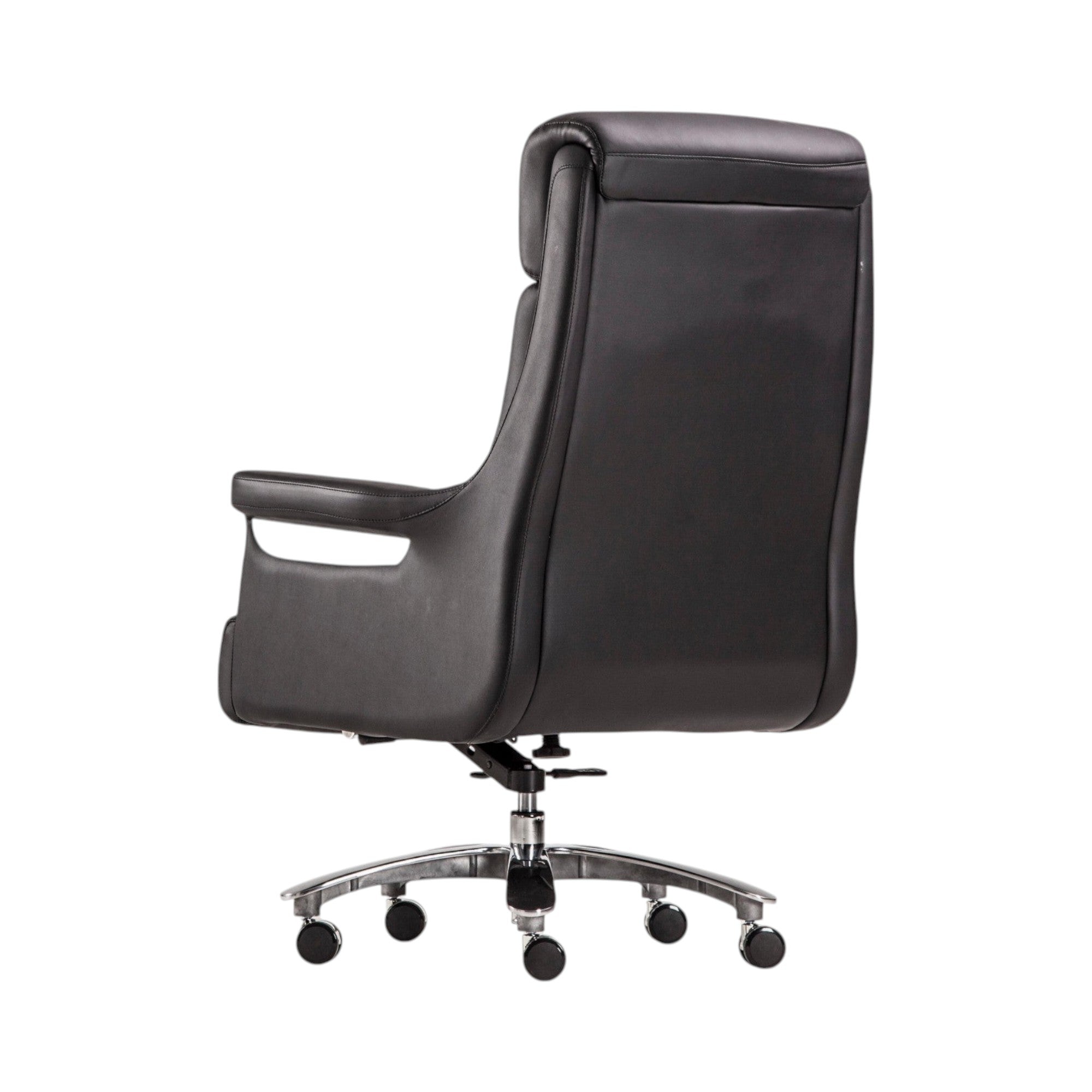 Xiaoyaozuo office chair black faux leather executive high back office chair with chrome accents and casters.