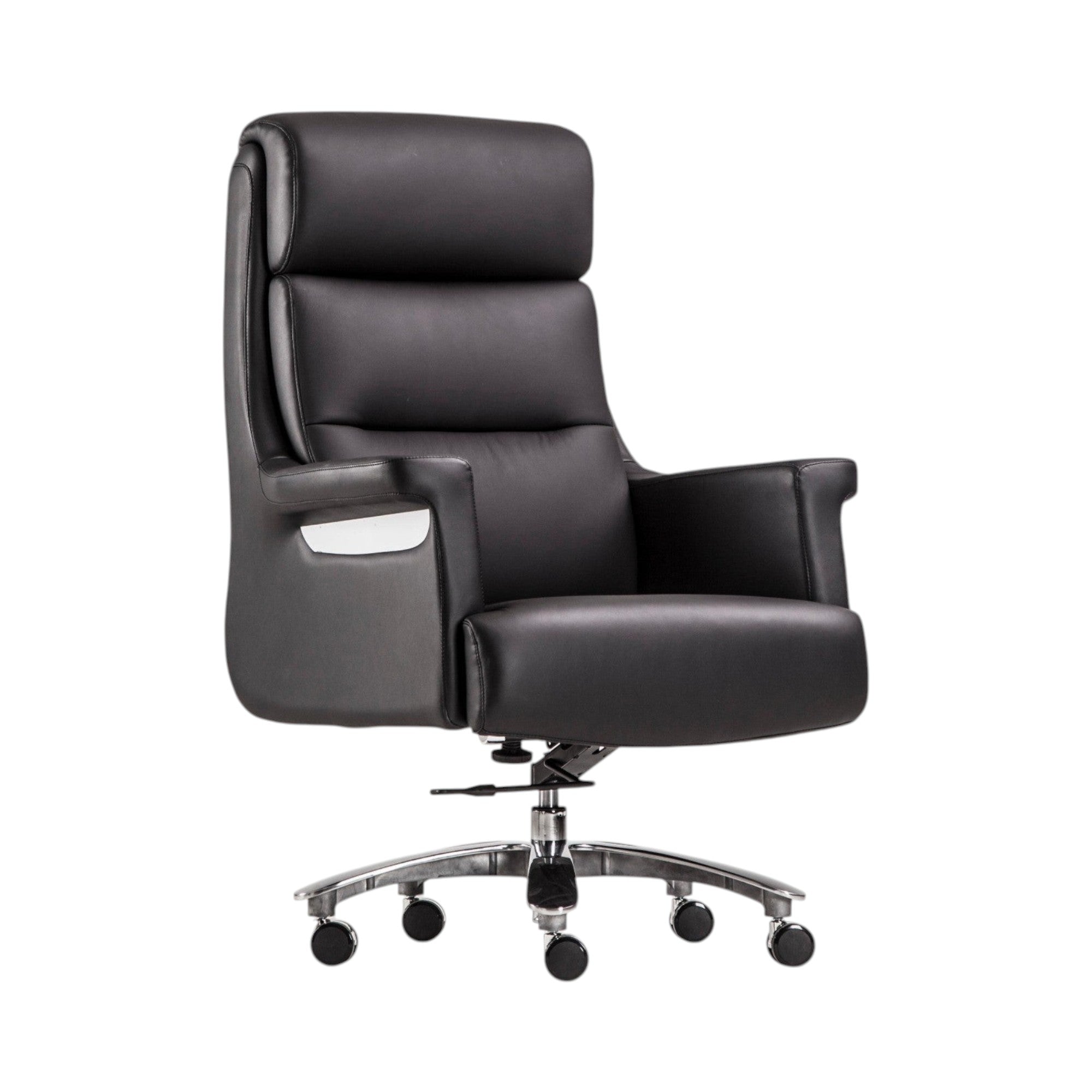 Xiaoyaozuo office chair black faux leather executive high back office chair with chrome accents and casters.