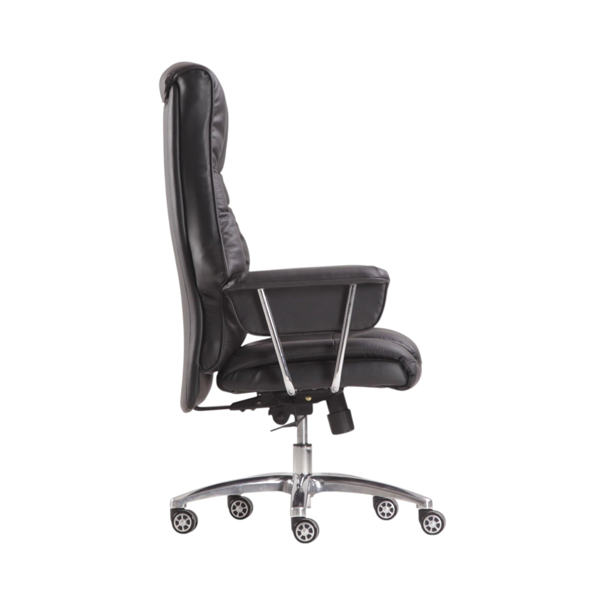 Xiaoyaozuo office chair black faux leather executive high back office chair with chrome base and casters.