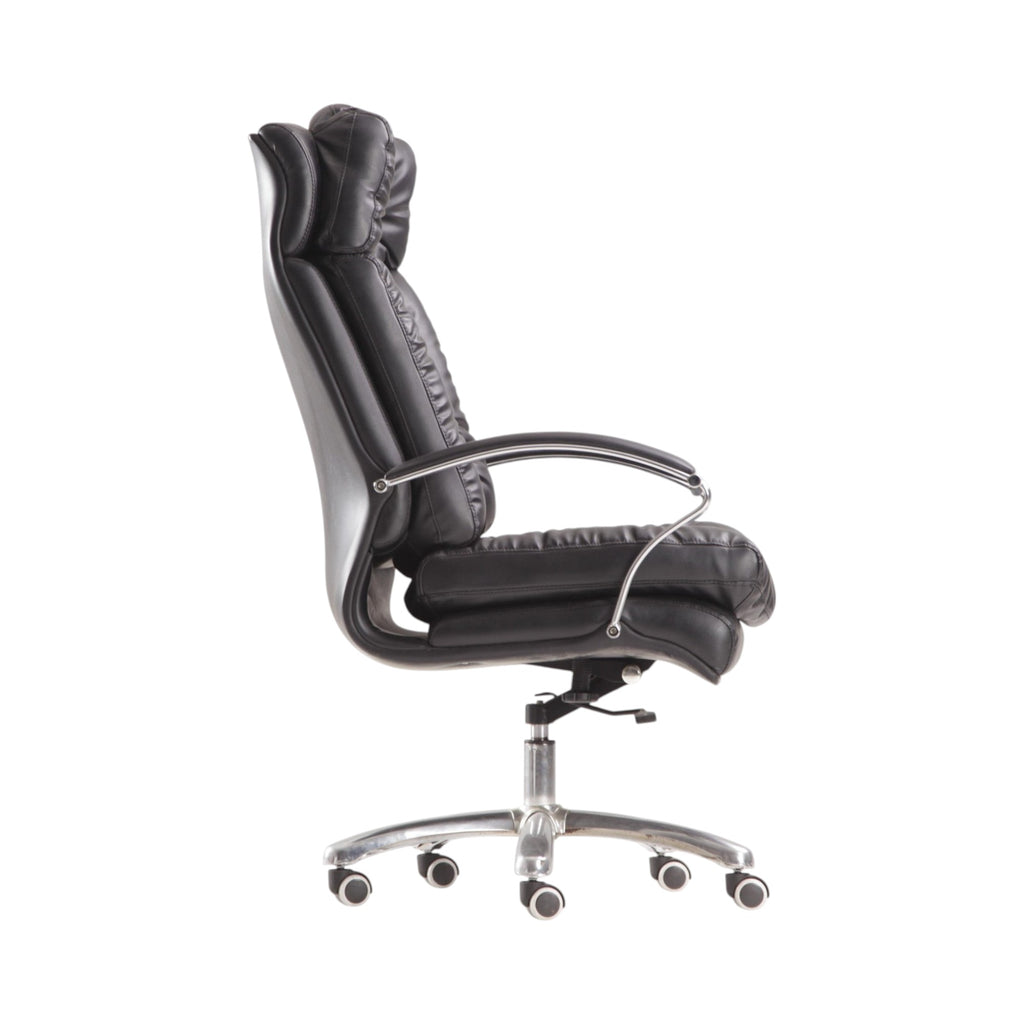 Xiaoyaozuo office chair: Black executive padded faux leather office chair with high backrest and chrome arms.