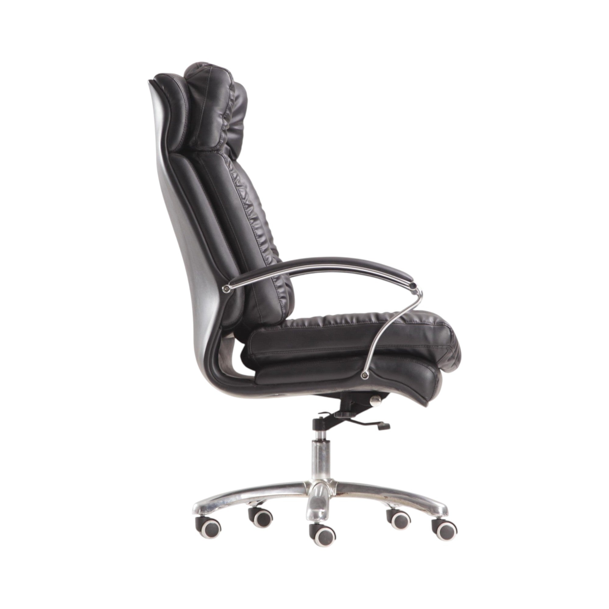 Xiaoyaozuo office chair: Black executive padded faux leather office chair with high backrest and chrome arms.