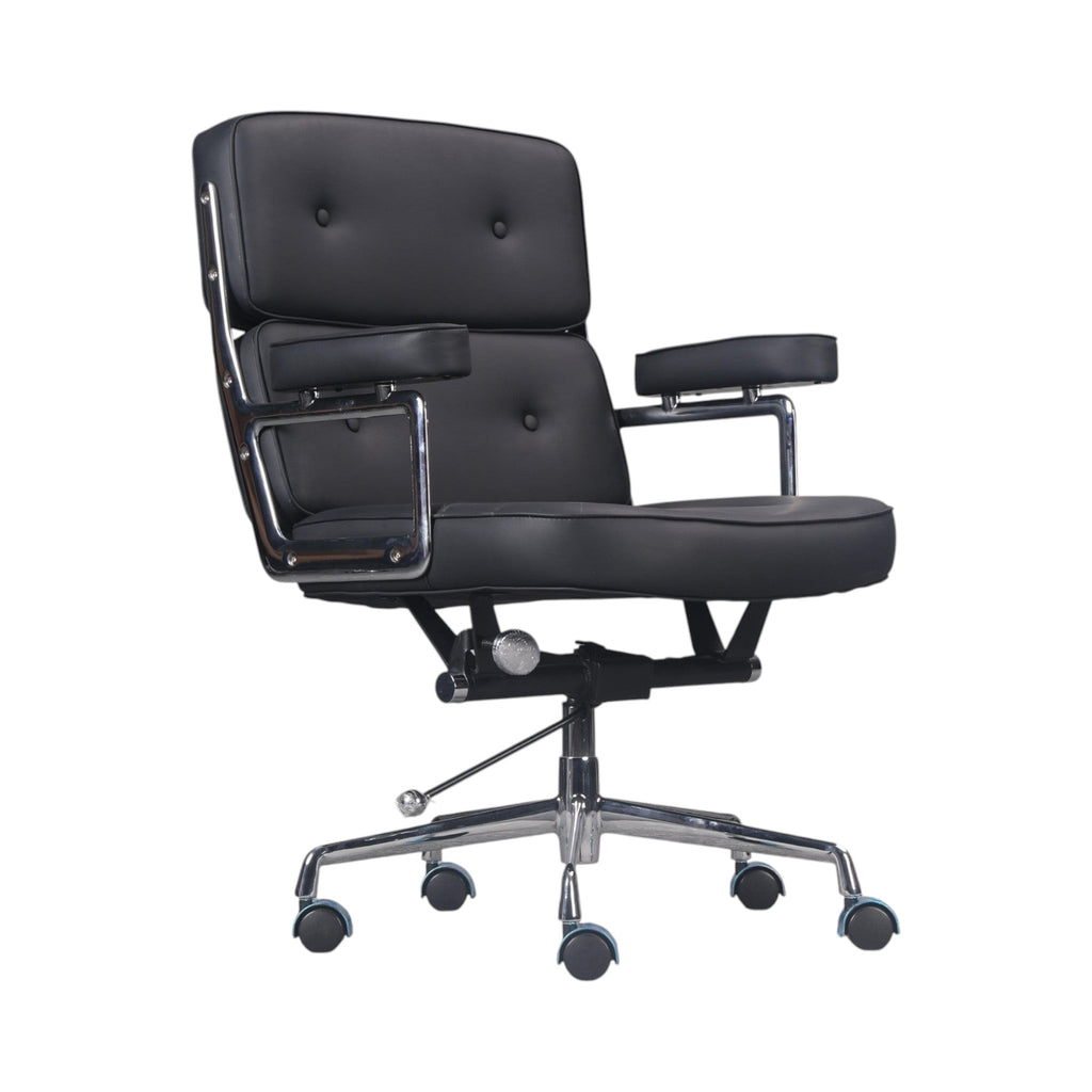 Xiaoyaozuo office chair, black faux leather executive chair with tufted back, ergonomic lumbar support, and chrome base with casters.