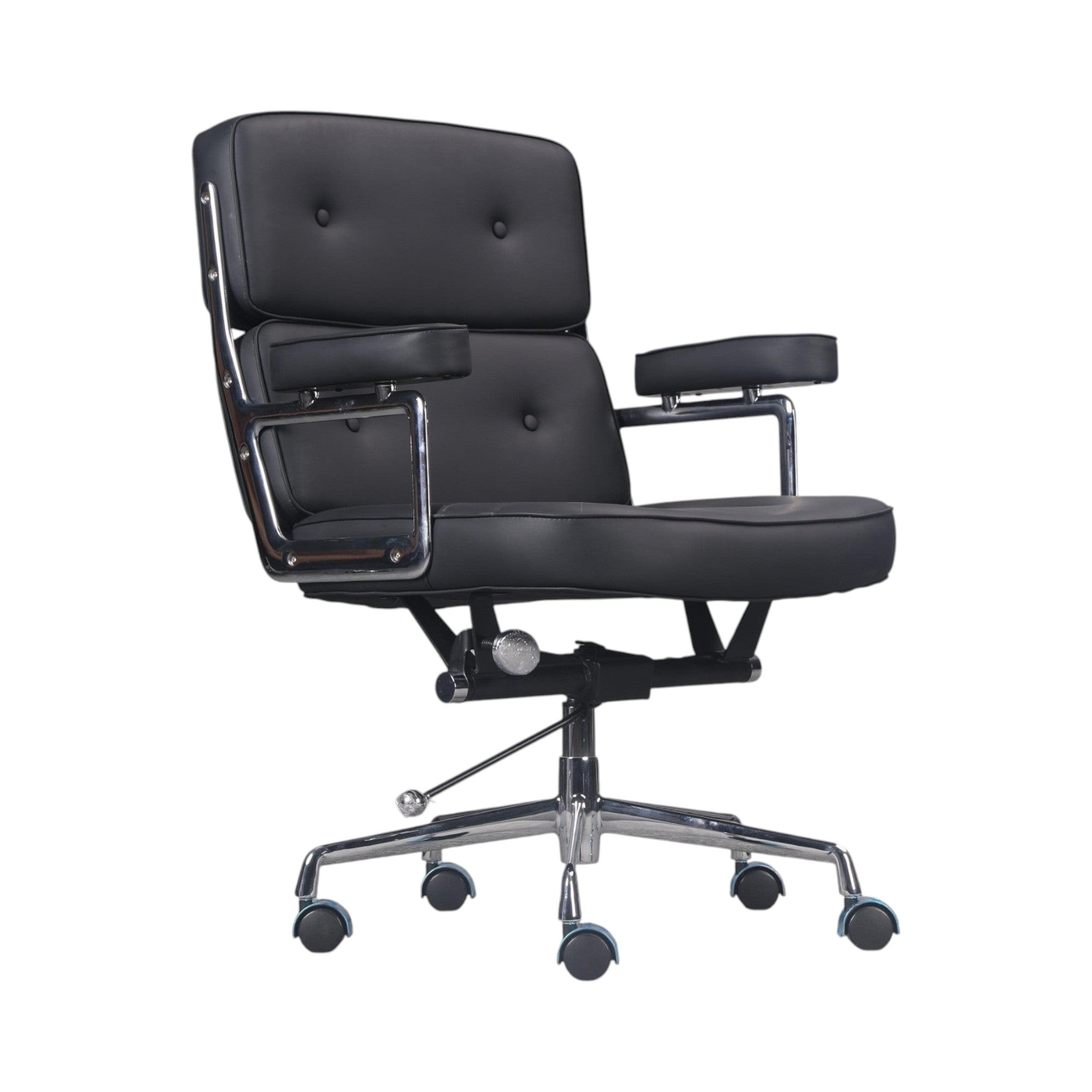 Xiaoyaozuo office chair, black faux leather executive chair with tufted back, ergonomic lumbar support, and chrome base with casters.