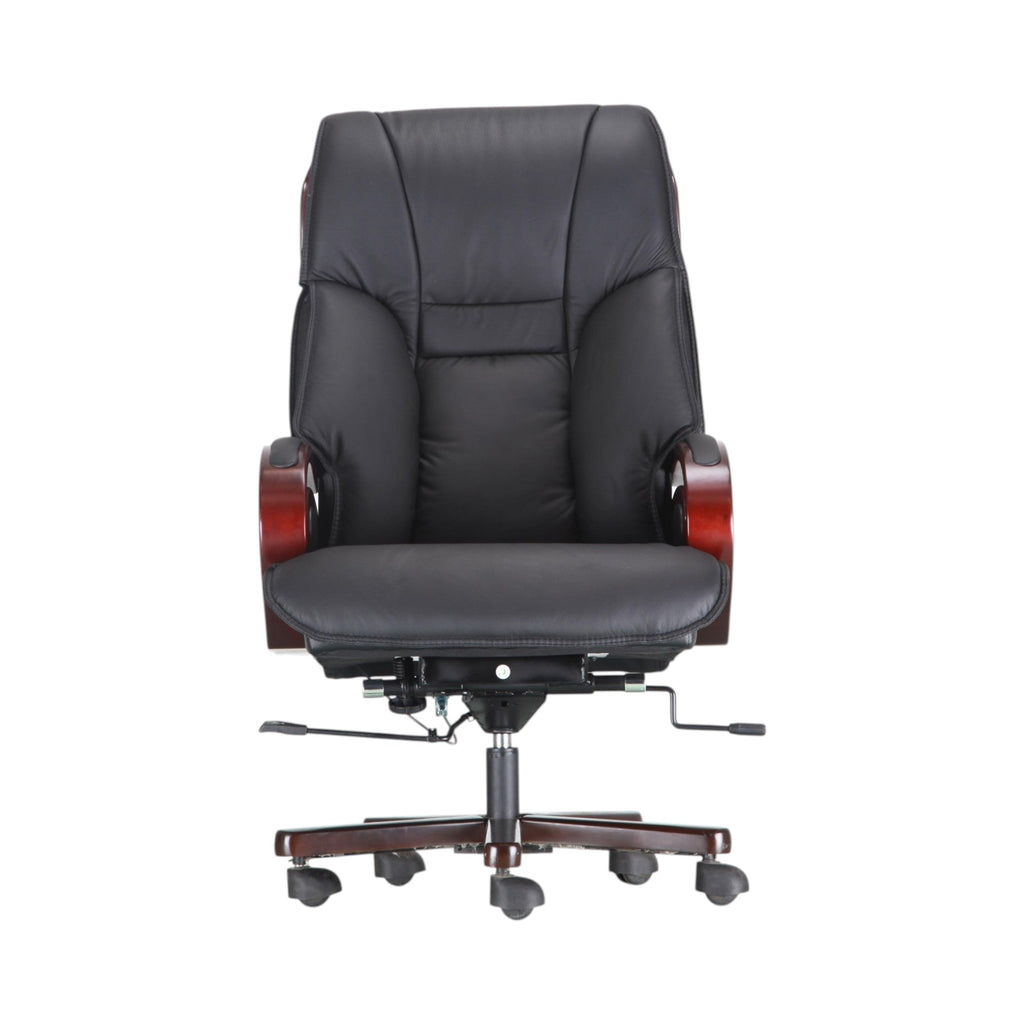 Xiaoyaozuo office chair black faux leather executive chair with wood accents and plush cushioning.