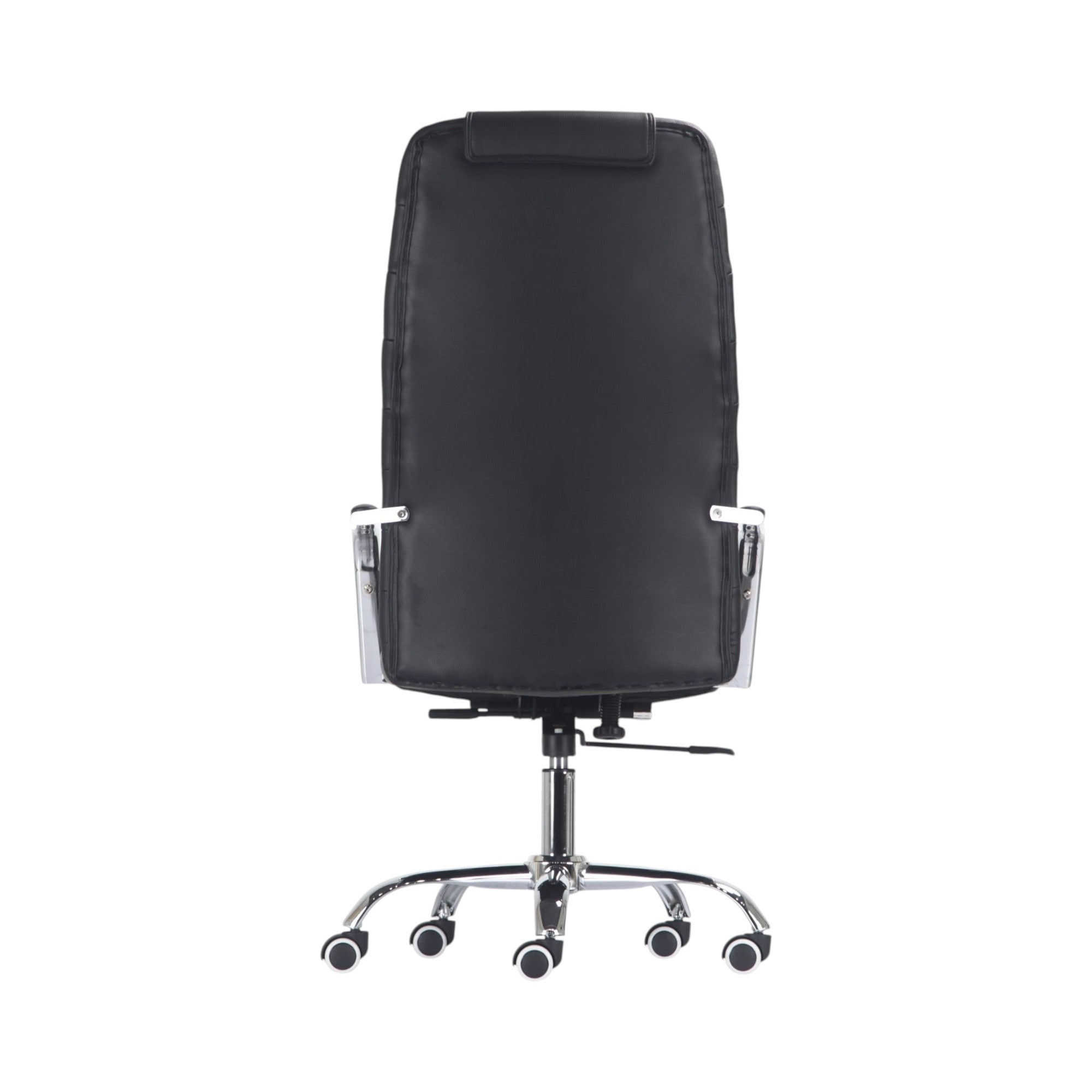 Xiaoyaozuo office chair: Black faux leather executive high back office chair with chrome base and casters.