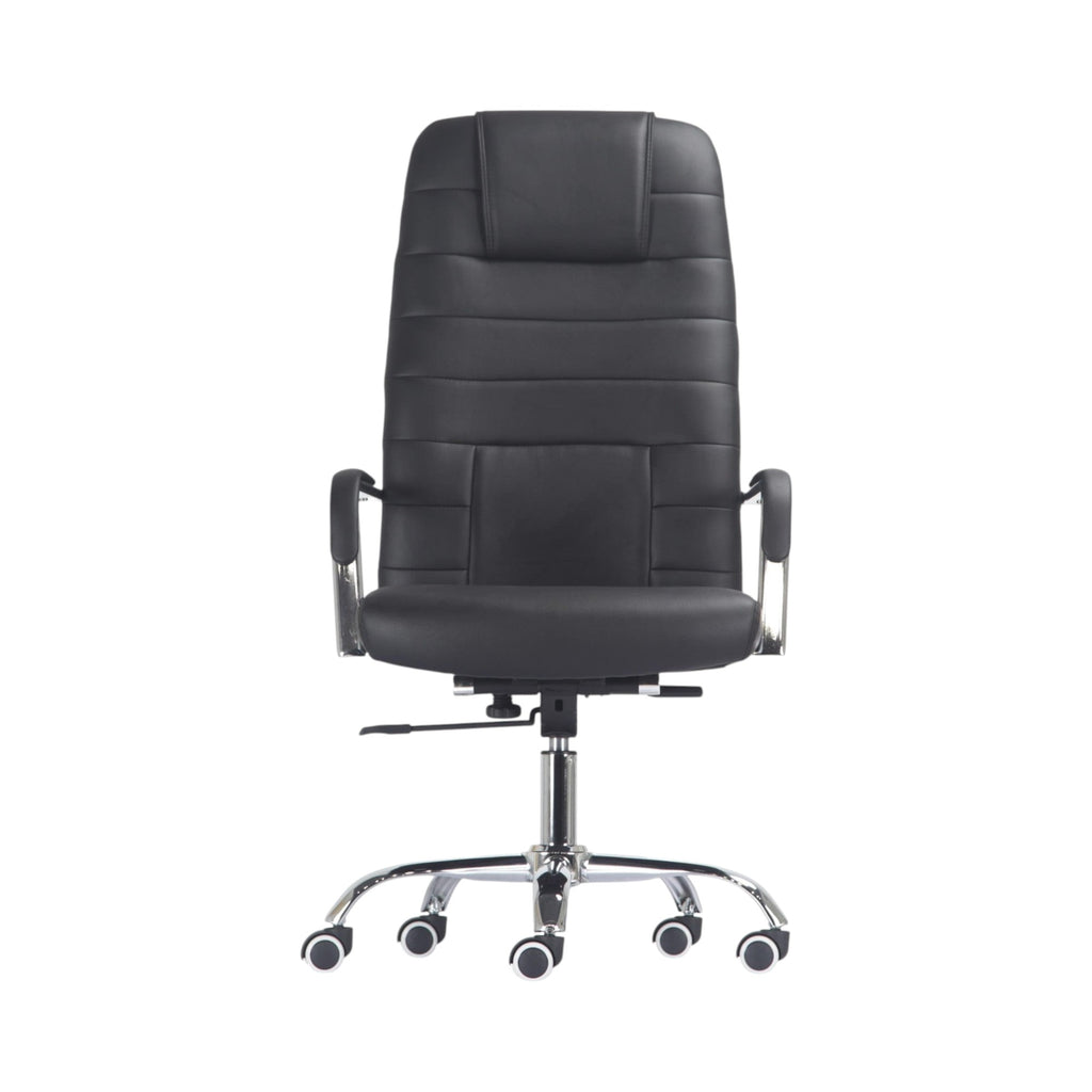 Xiaoyaozuo office chair executive black faux leather high back chair with chrome base and casters.