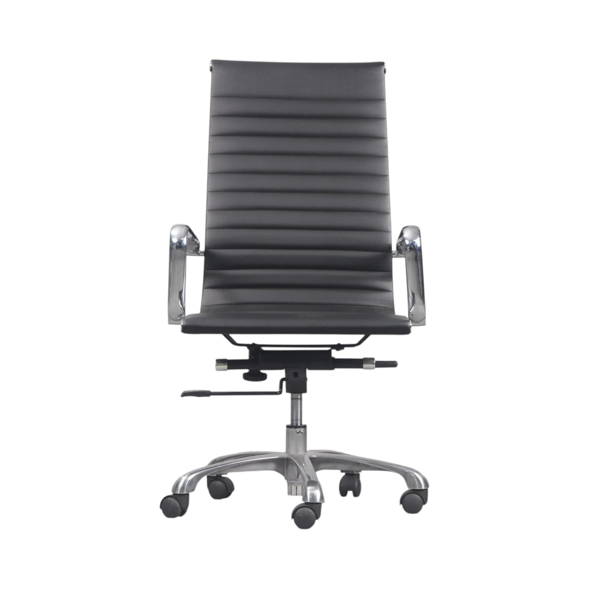 Xiaoyaozuo office chair black faux leather executive high back chair with polished aluminum base and casters.